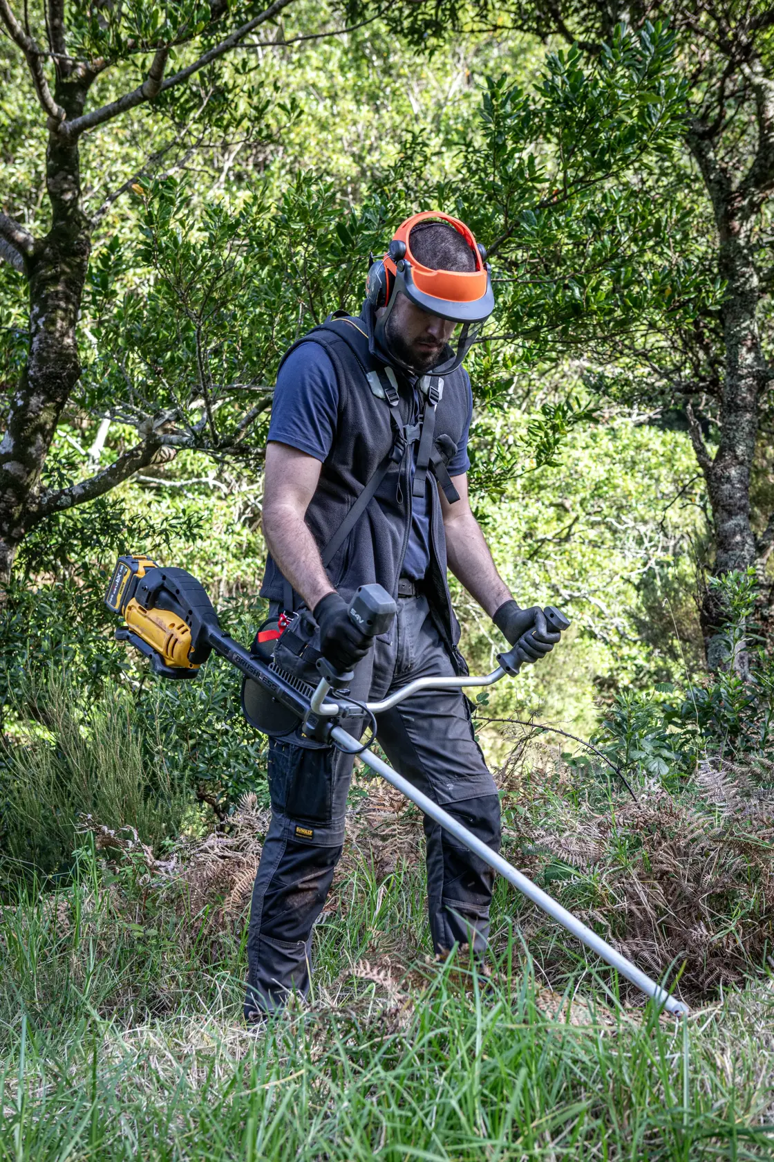 Personne avec DEWALT DCMBC823N, DCMBC823N-XJ débroussailleuse. Équipement de protection. Catégorie photographie.