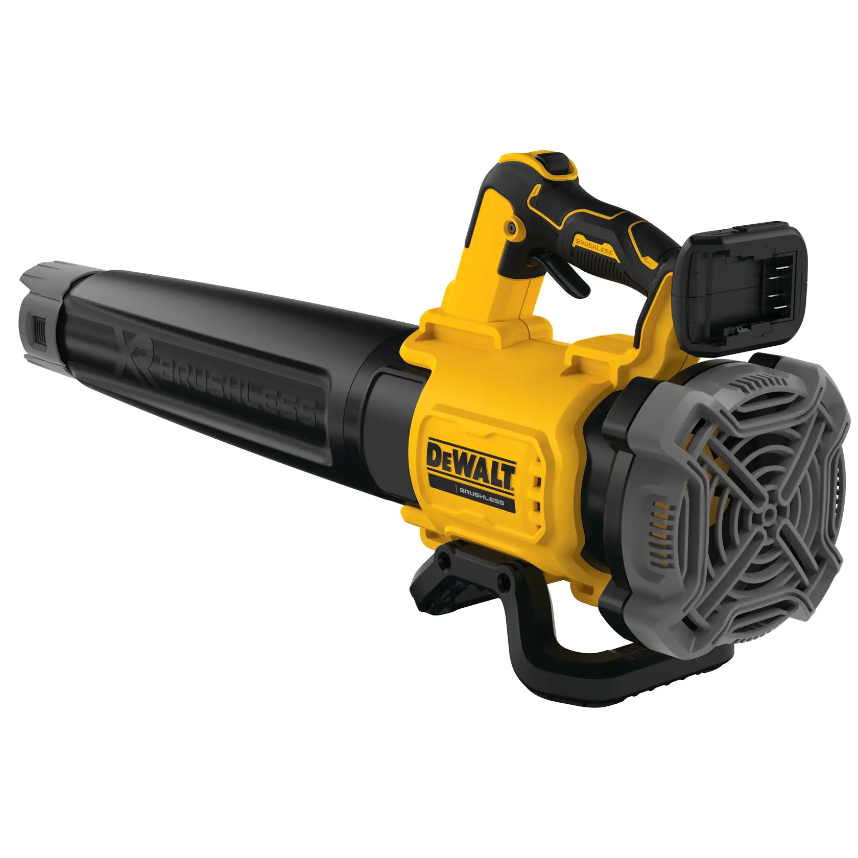 Souffleur de feuilles DEWALT sans fil, design jaune et noir, compartiment batterie vide, moteur brushless.