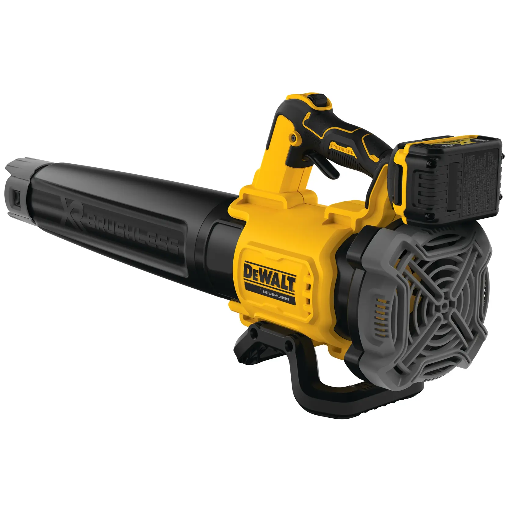 Souffleur de feuilles DEWALT XR Brushless sans fil jaune et noir avec batterie rechargeable.