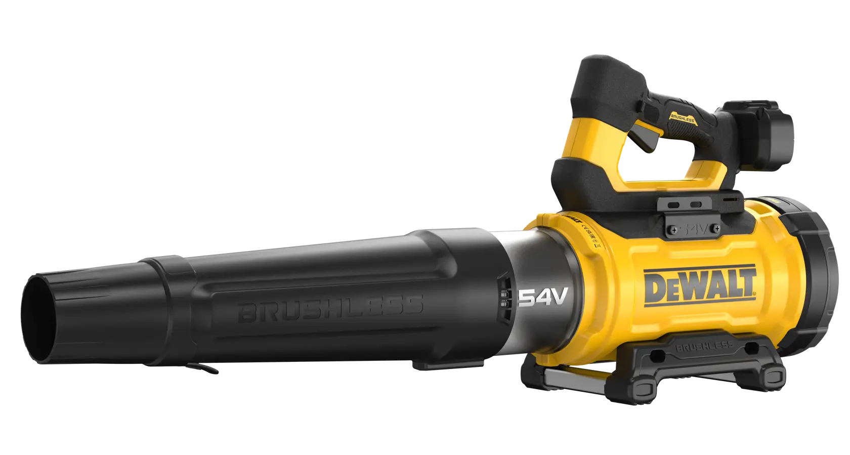 Souffleur de feuilles DEWALT 54V sans fil jaune et noir, vue latérale sur fond blanc.