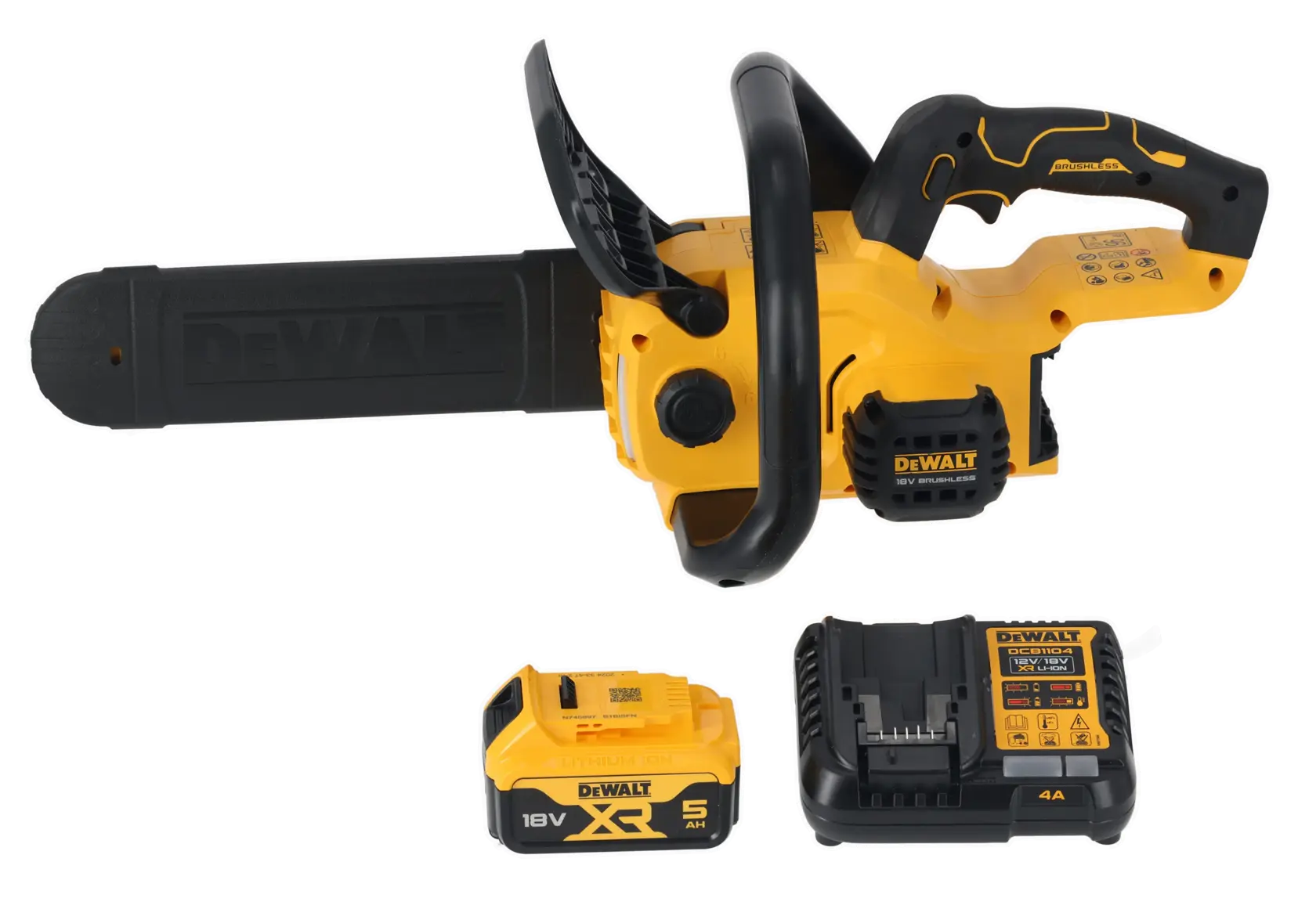 DEWALT chainsaw with battery and charger, photography category, SKUs DCMCS565P1-QW, DCMCS565P1.