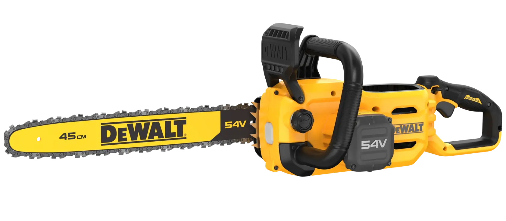 Une tronçonneuse sans fil DEWALT 54V jaune et noire avec une lame de 45 cm, conçue pour couper du bois.