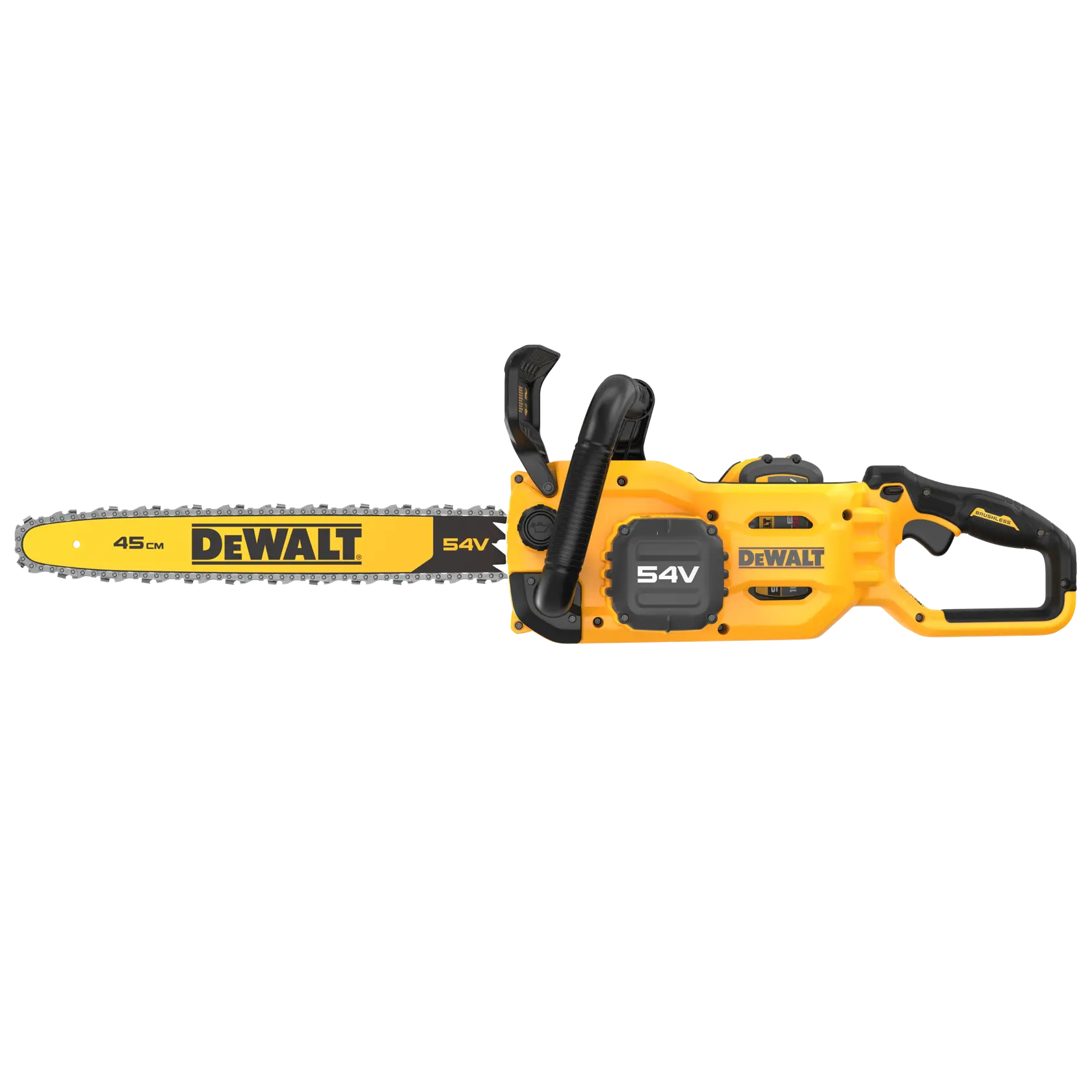 Une tronçonneuse sans fil DEWALT 54V jaune et noire avec un guide-chaîne de 45 cm, vue de côté.