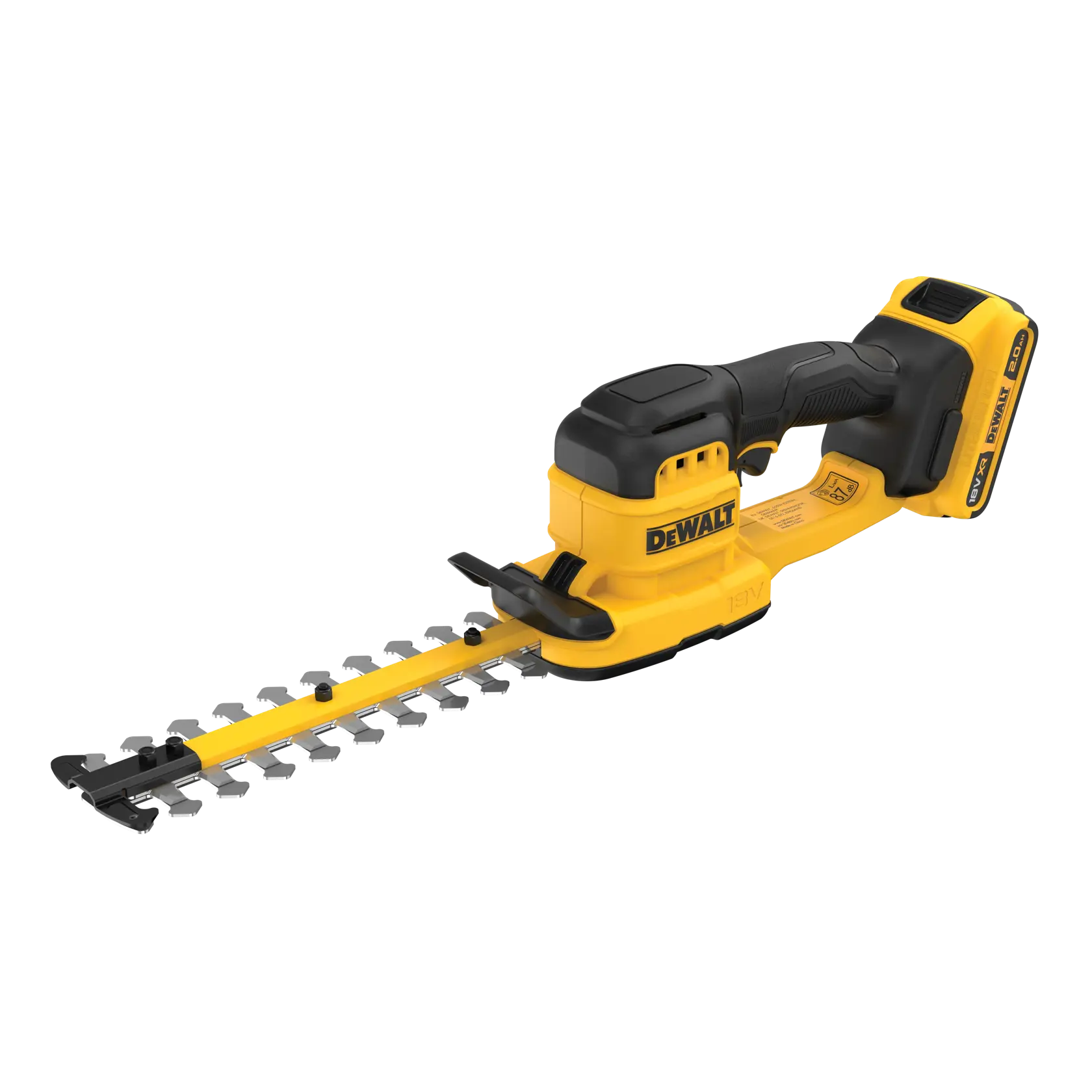Taille-haie DEWALT, photographie. SKU : DCMHT520D1-QW, DCMHT520D1. Outil sans fil jaune et noir.