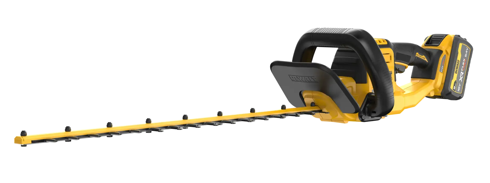 Taille-haie sans fil DEWALT jaune et noir avec lame longue et poignée ergonomique sur fond blanc.