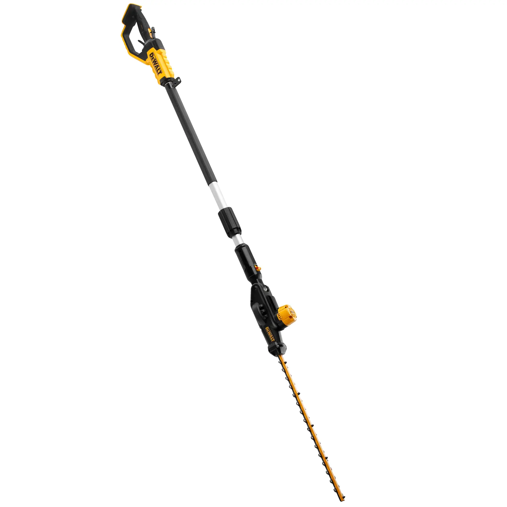 Taille-haie sur perche télescopique sans fil DEWALT à tête réglable, design jaune-noir.