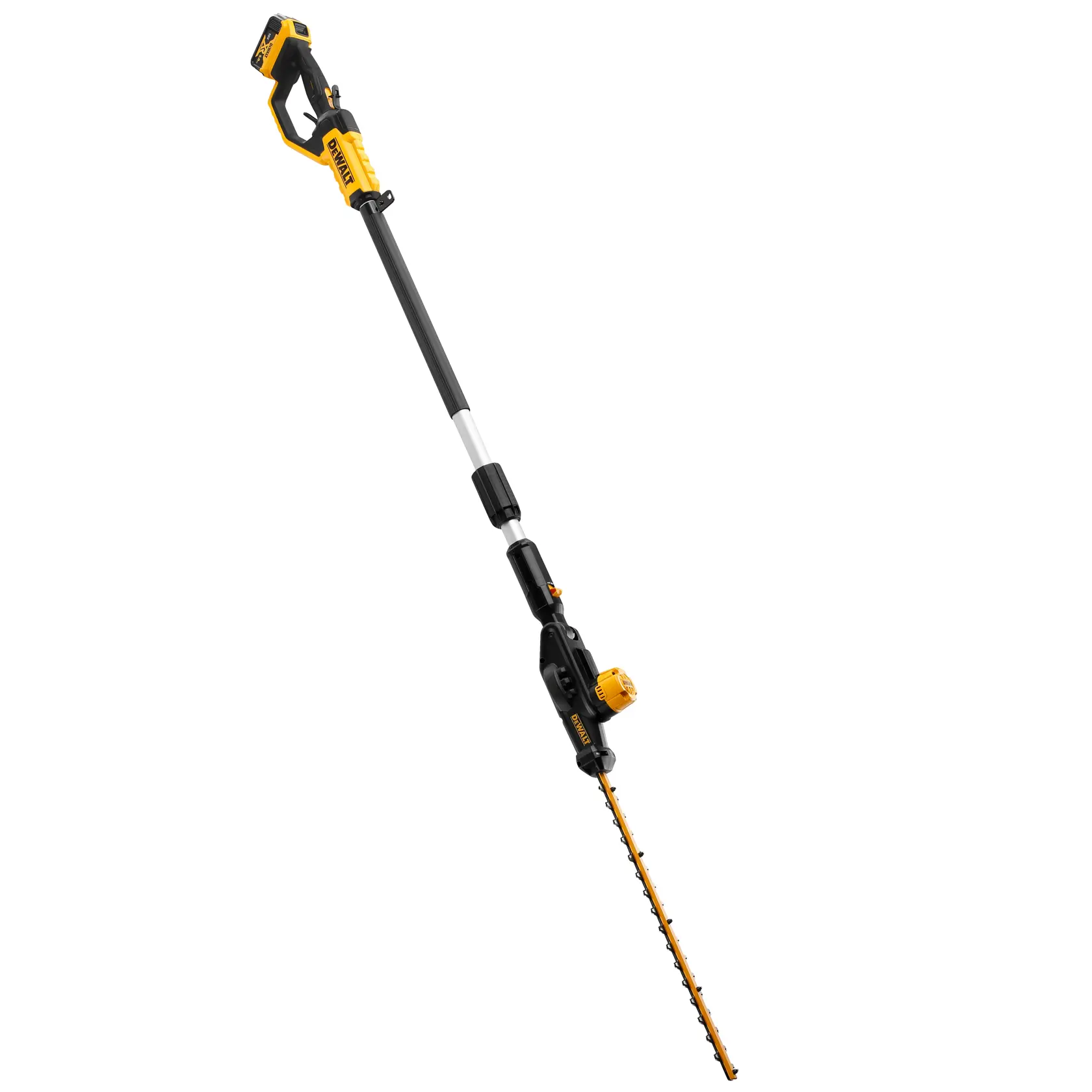 Taille-haie télescopique sans fil DEWALT avec manche long et design jaune-noir.
