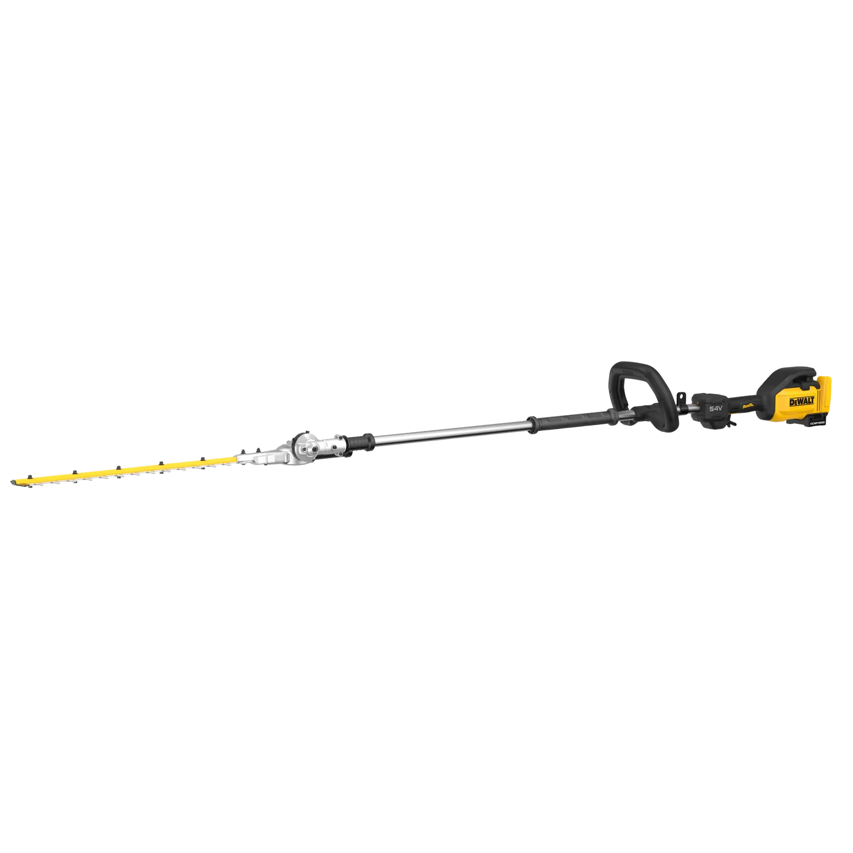 Un taille-haie sur perche sans fil DEWALT avec une poignée jaune et noire, un manche extensible et une longue lame de coupe.