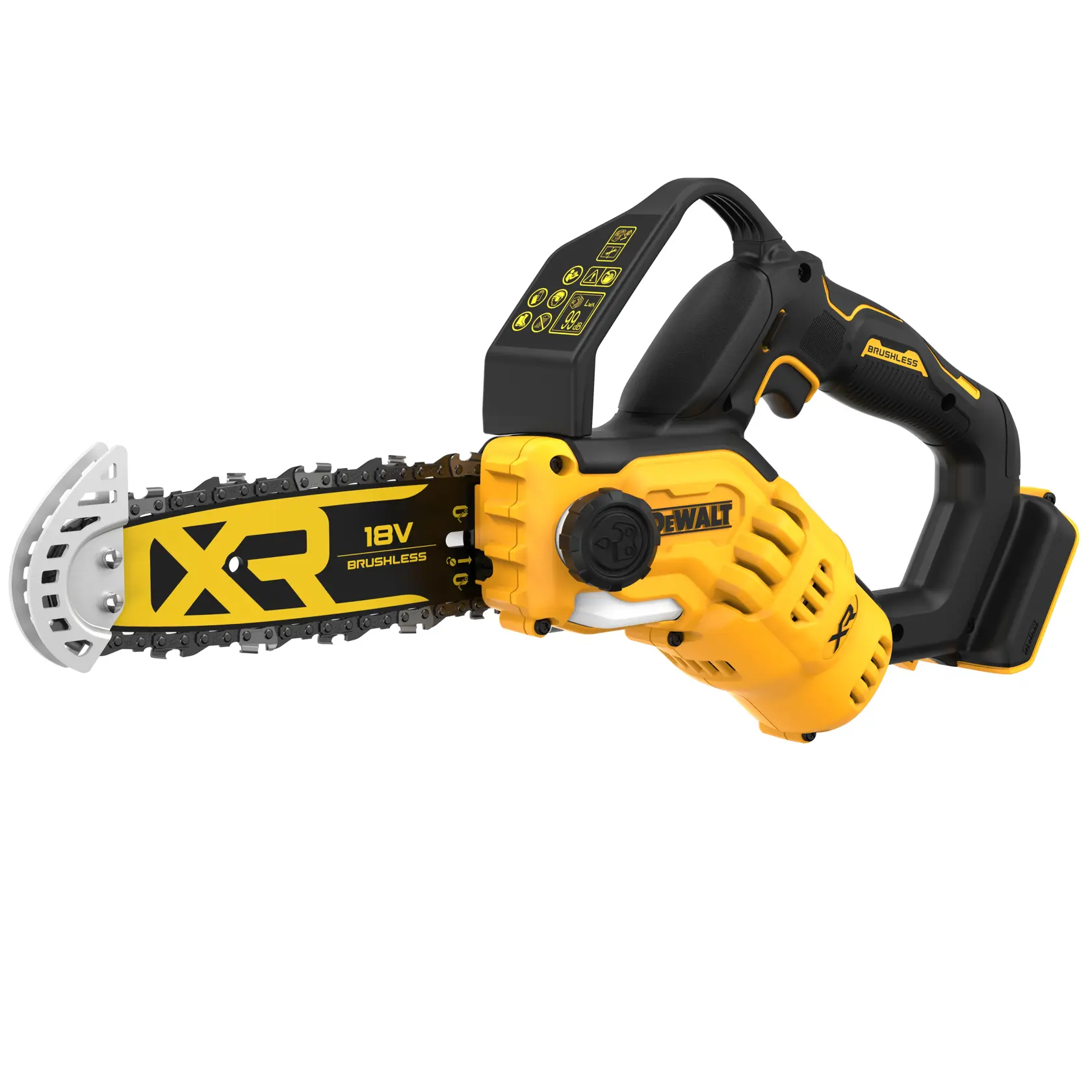 Une tronçonneuse sans fil DEWALT XR 18V brushless jaune et noire est présentée sur fond blanc.