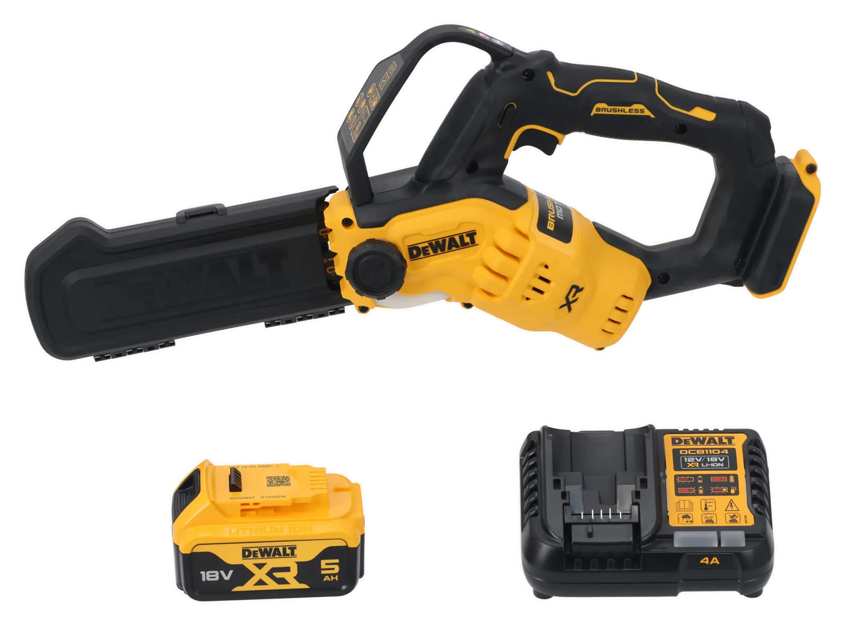 Tronçonneuse sans fil DEWALT avec batterie et chargeur, jaune et noir, modèle DCMPS520P1.