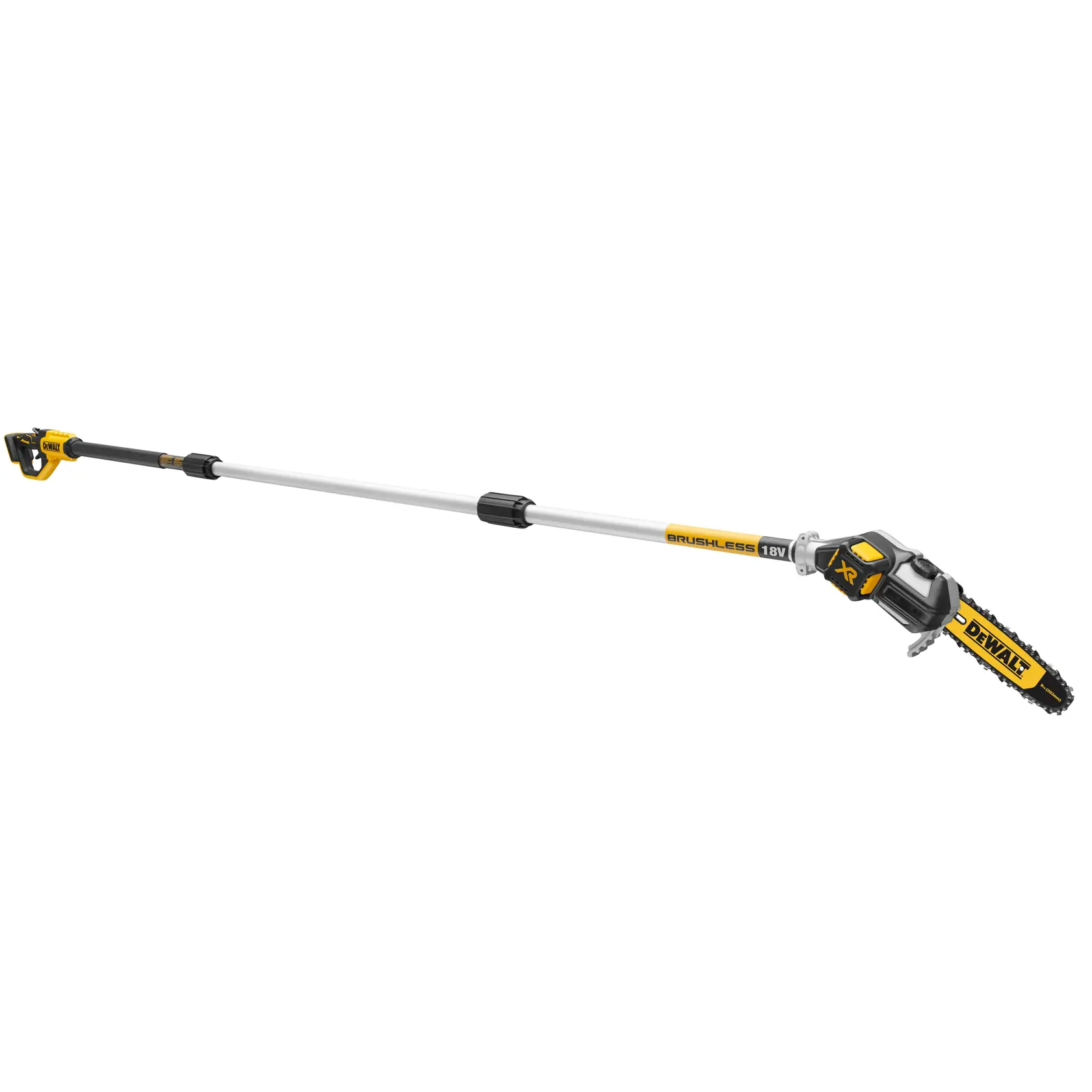 Scie à perche DEWALT 18V brushless avec manche allongé pour élagage. Jaune et noire.