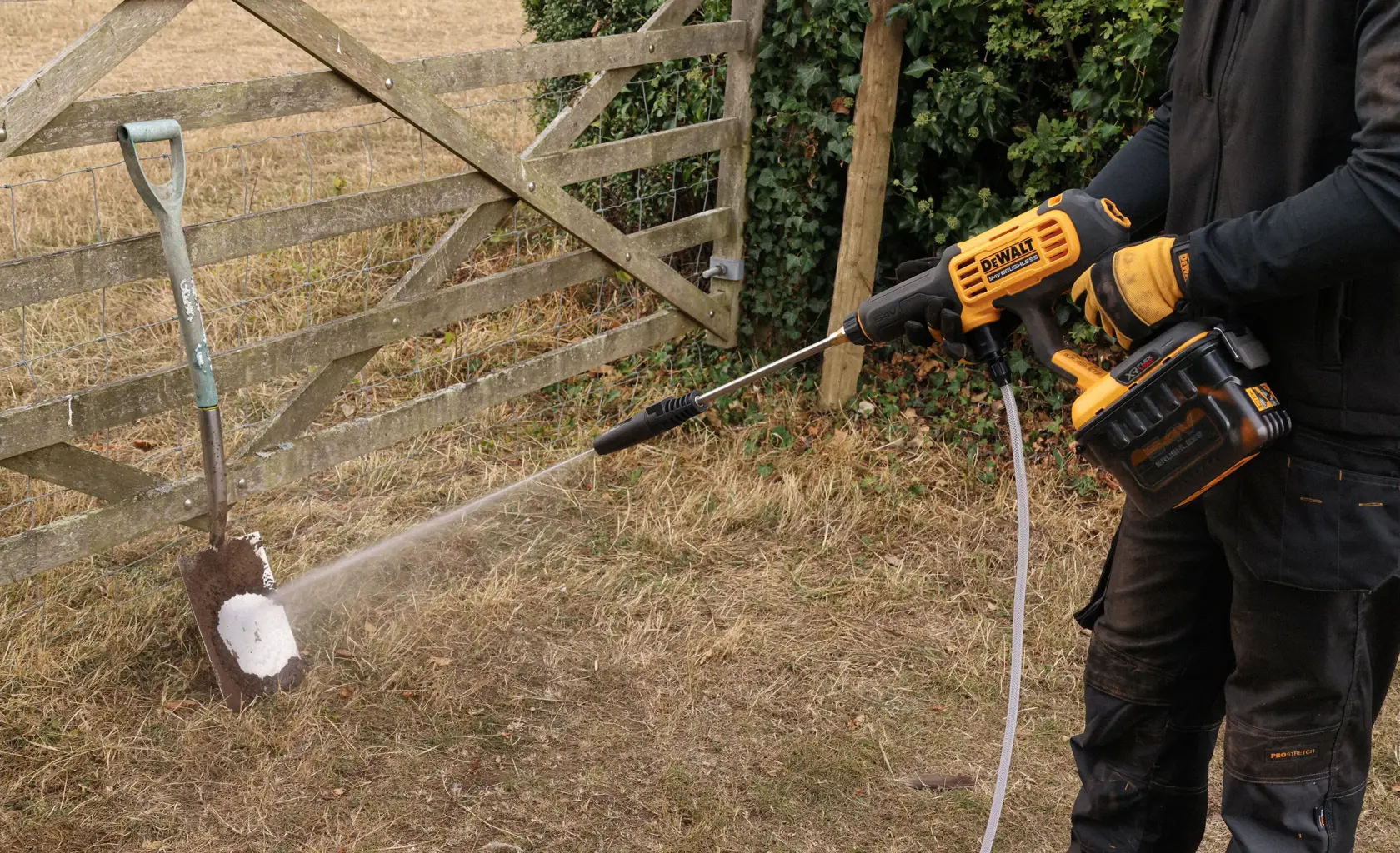 DEWALT DCMPW1000N, DCMPW1000N-XJ nettoie une pelle dehors. Catégorie produit photographie.