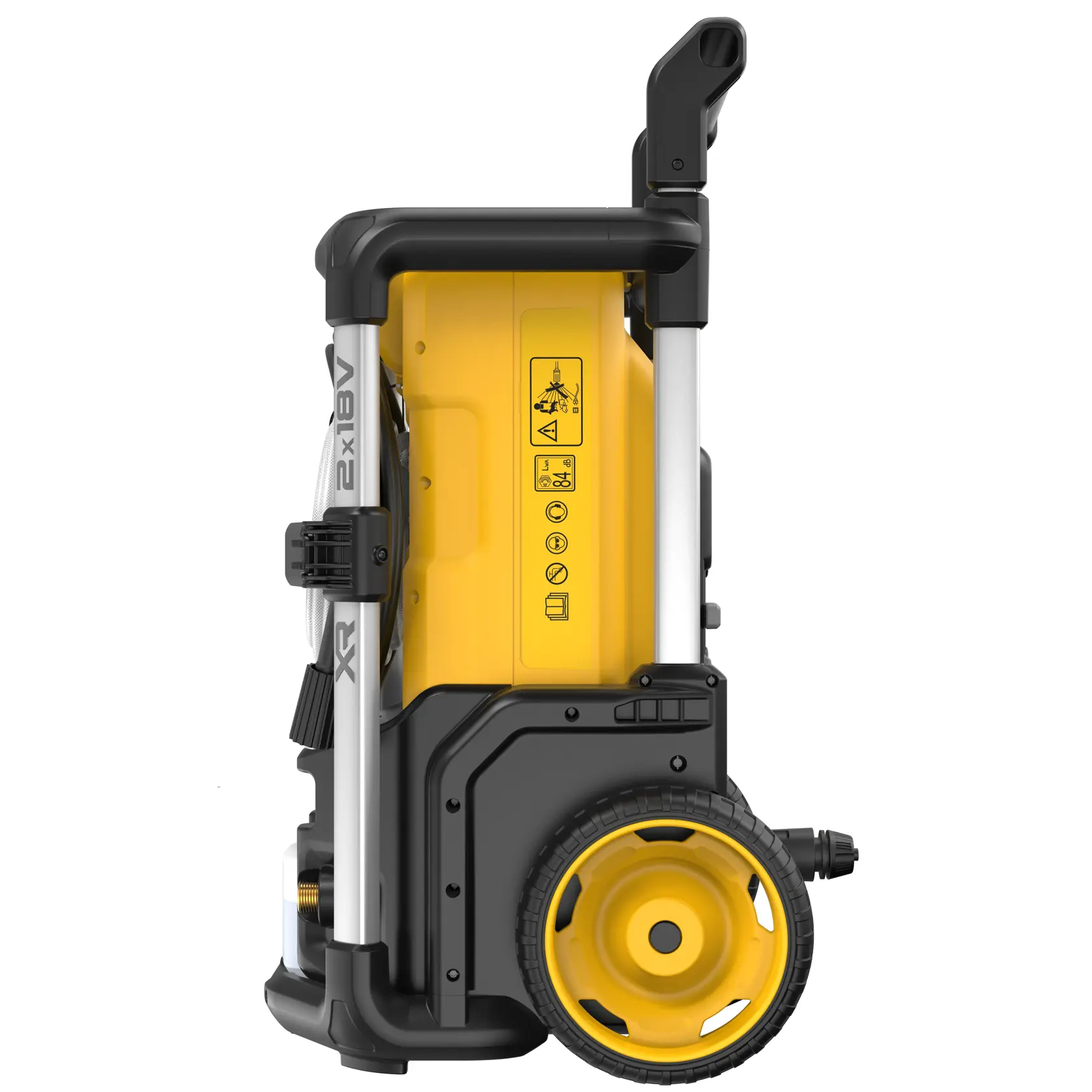 Vue latérale d'un nettoyeur haute pression portable DEWALT DCMPW1600 avec un design jaune et noir, de grandes roues et une poignée pour un transport facile.