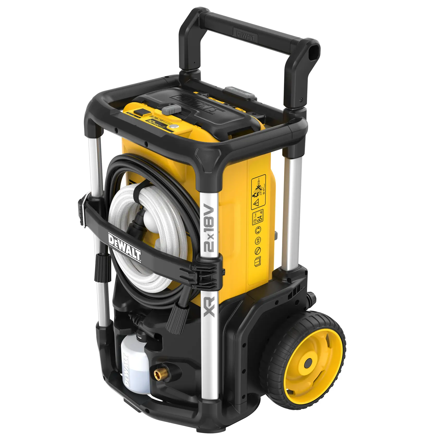 Nettoyeur haute pression portatif DEWALT, jaune et noir, avec roues et poignée pour un transport facile. L'appareil dispose d'un tuyau enroulé et d'un espace de rangement pour les accessoires intégré au design.