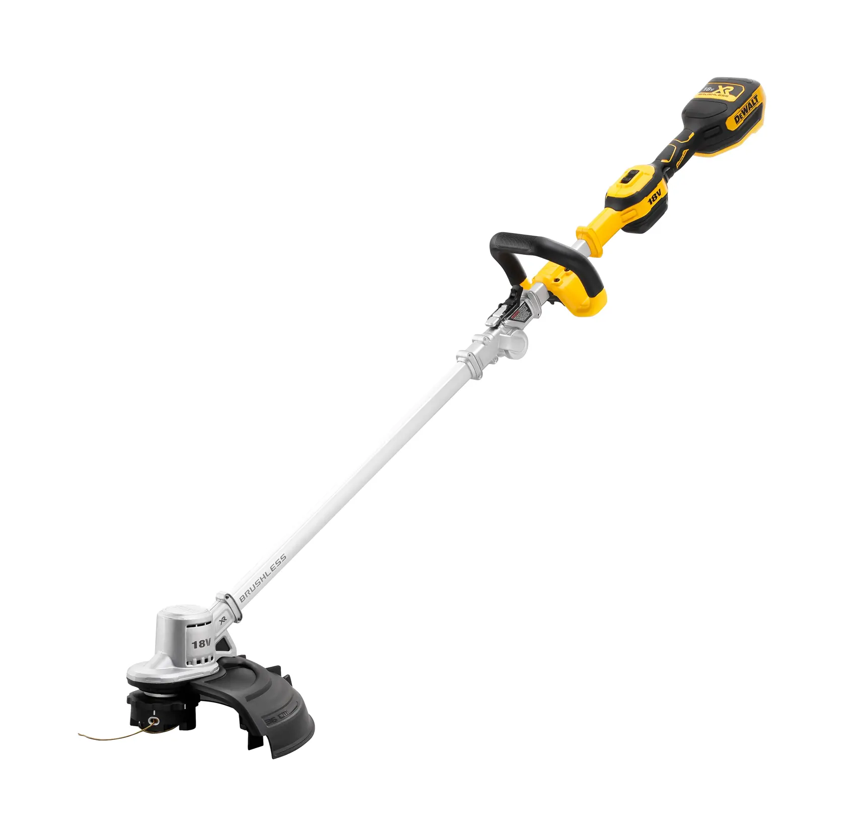 Coupe-bordure sans fil DEWALT avec poignée jaune et noire, arbre droit et protection.