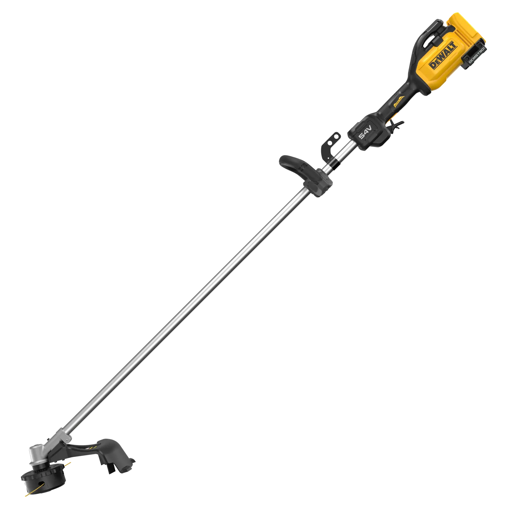 Coupe-bordures sans fil DEWALT avec poignée jaune-noire et manche argenté pour entretien du jardin.