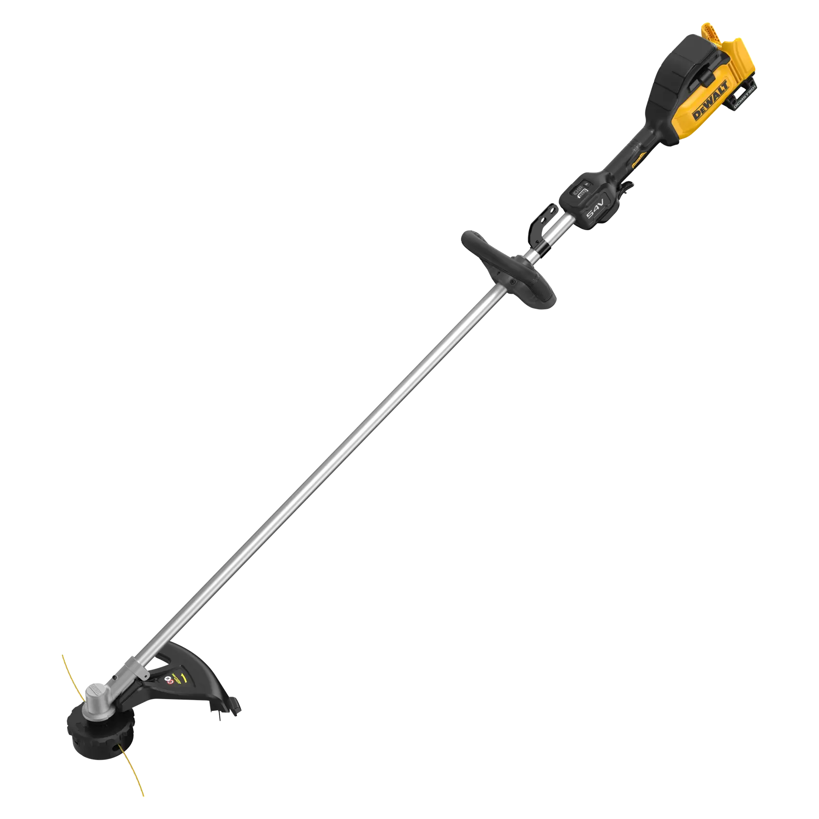 Coupe-bordures sans fil DEWALT jaune et noir, utilisé pour l'entretien du jardin et du gazon.