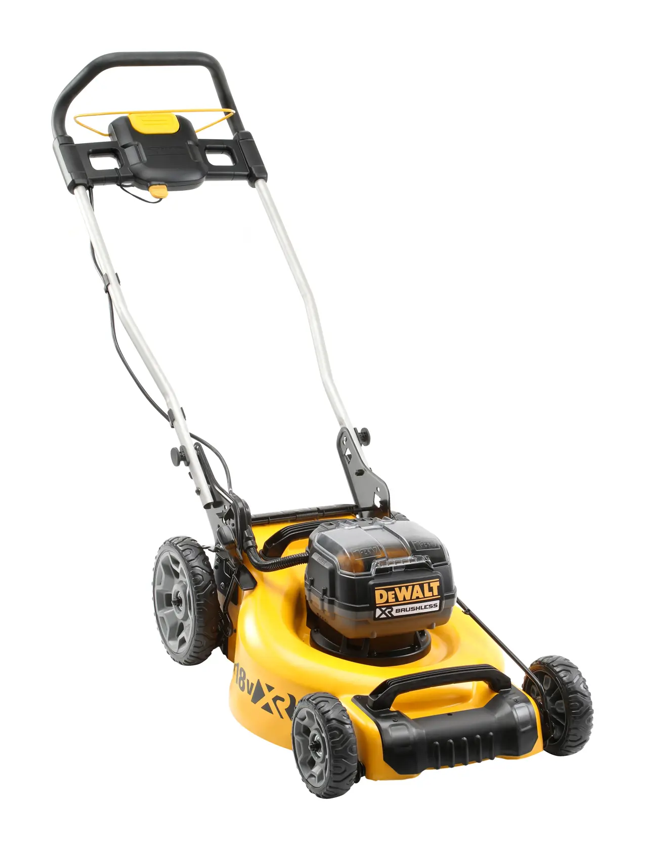 Tondeuse sans fil DEWALT jaune avec poignée noire, roues et batterie sur fond blanc.