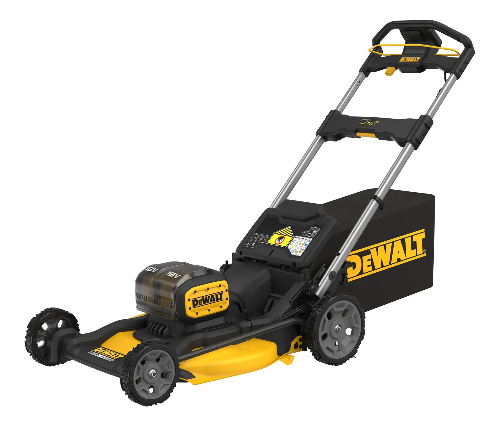 Tondeuse sans fil DEWALT avec batterie 18V, moteur brushless et bac à herbe. Design noir et jaune.