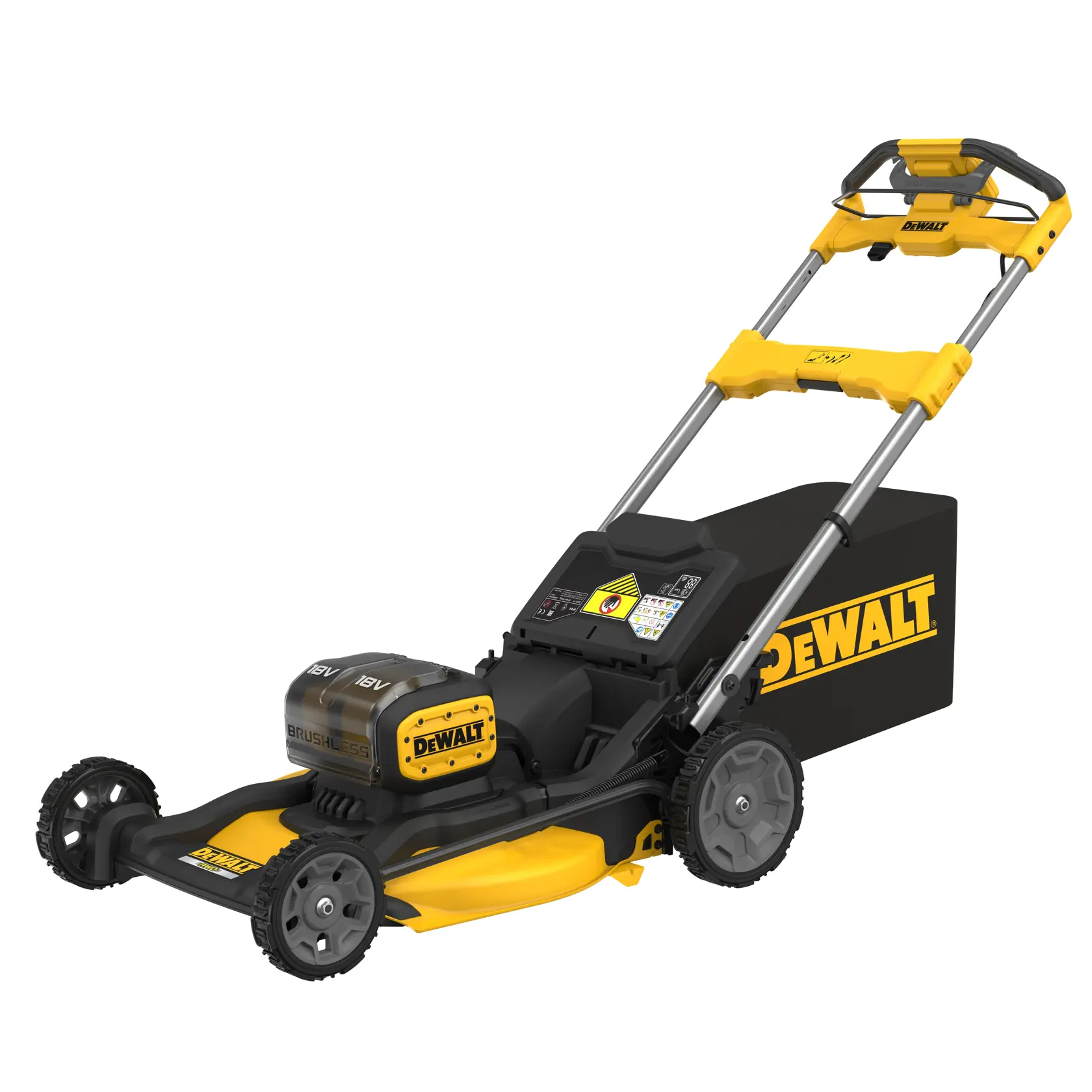 Tondeuse à gazon sans fil DEWALT, couleur jaune et noire, poignée réglable, bac arrière pour l’herbe.