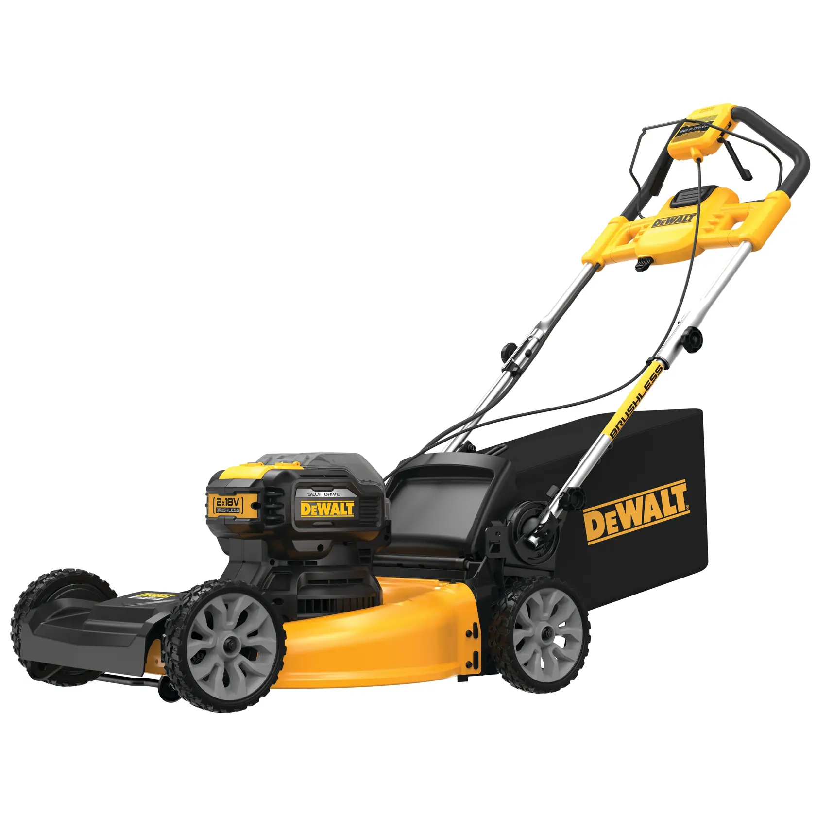Tondeuse à gazon sans fil DEWALT avec un design jaune et noir, un grand bac de collecte d'herbe à l'arrière et une poignée ergonomique.