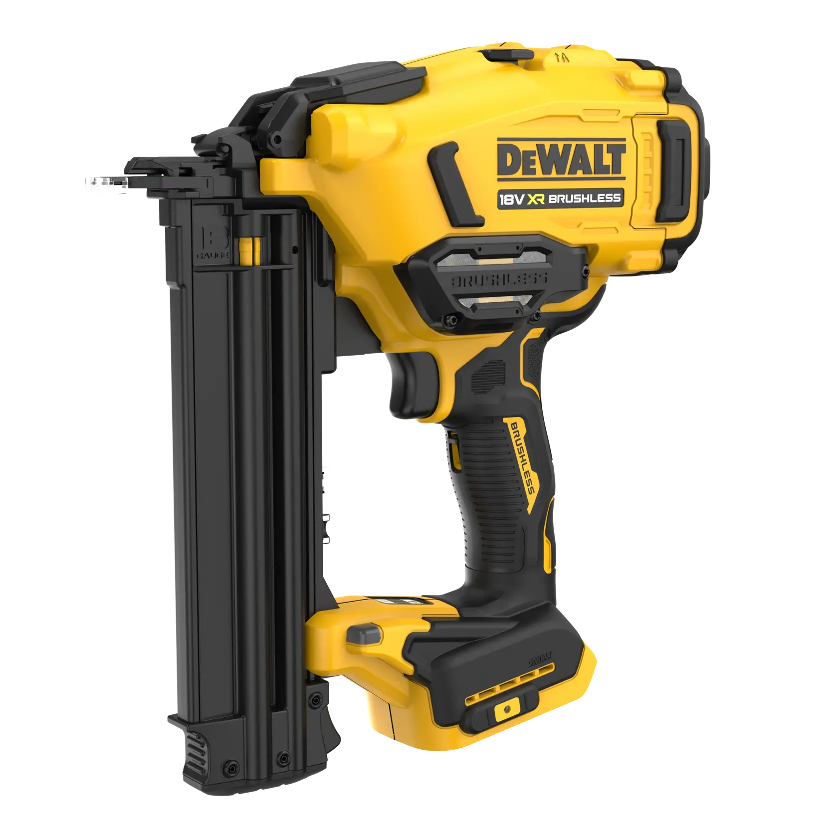 Cloueur sans fil DEWALT 18V XR brushless, jaune et noir.