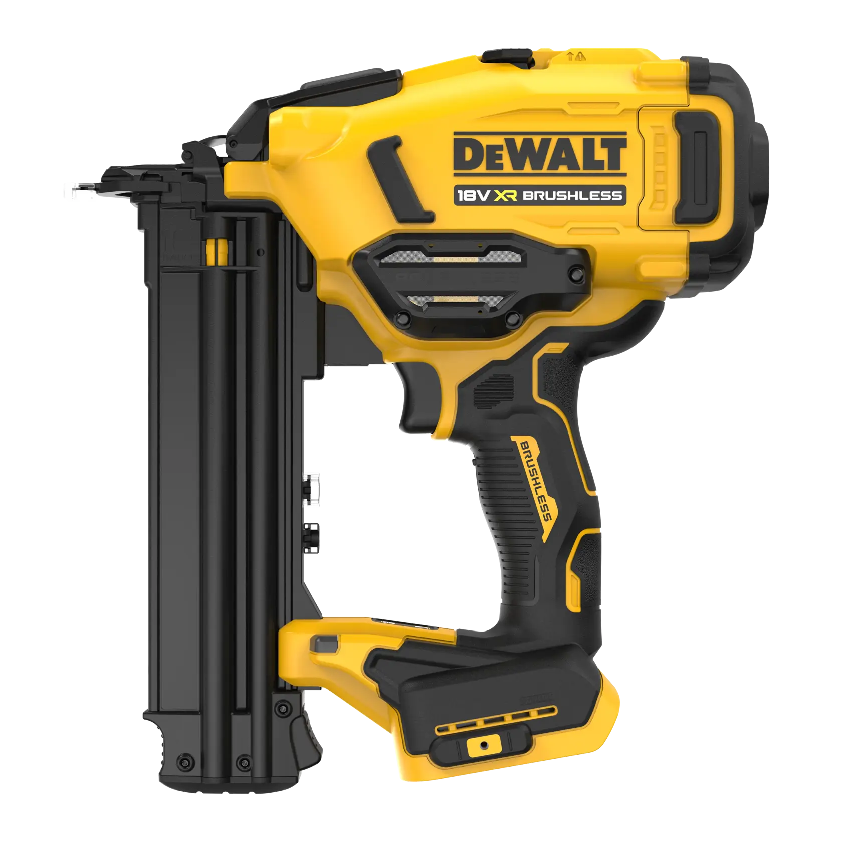 Cloueur DEWALT 18V XR Brushless jaune et noir, vue latérale. Sans fil pour tâches professionnelles.