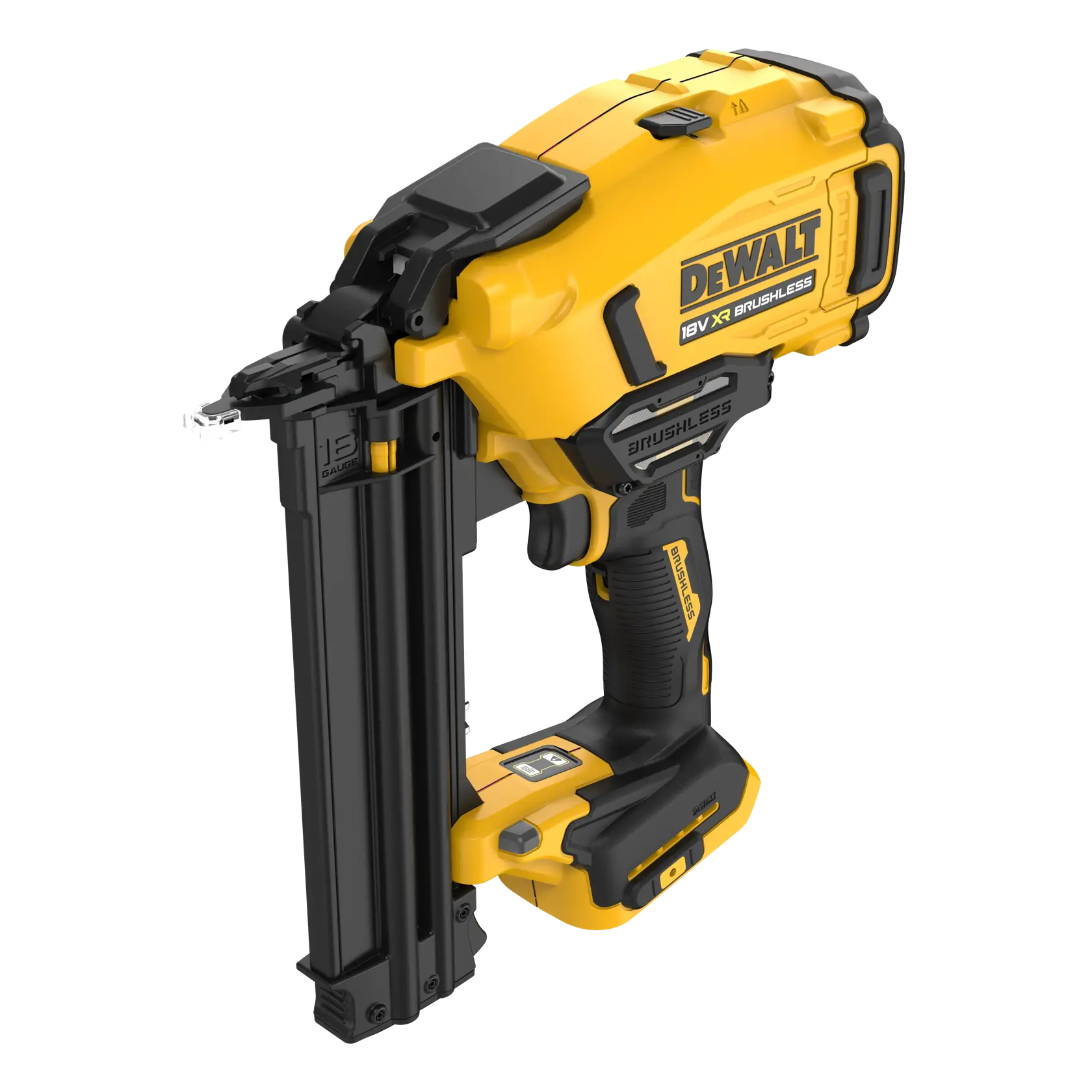 Cloueur DEWALT 18V XR brushless jaune et noir avec poignée ergonomique et chargeur pour clous de calibre 18.