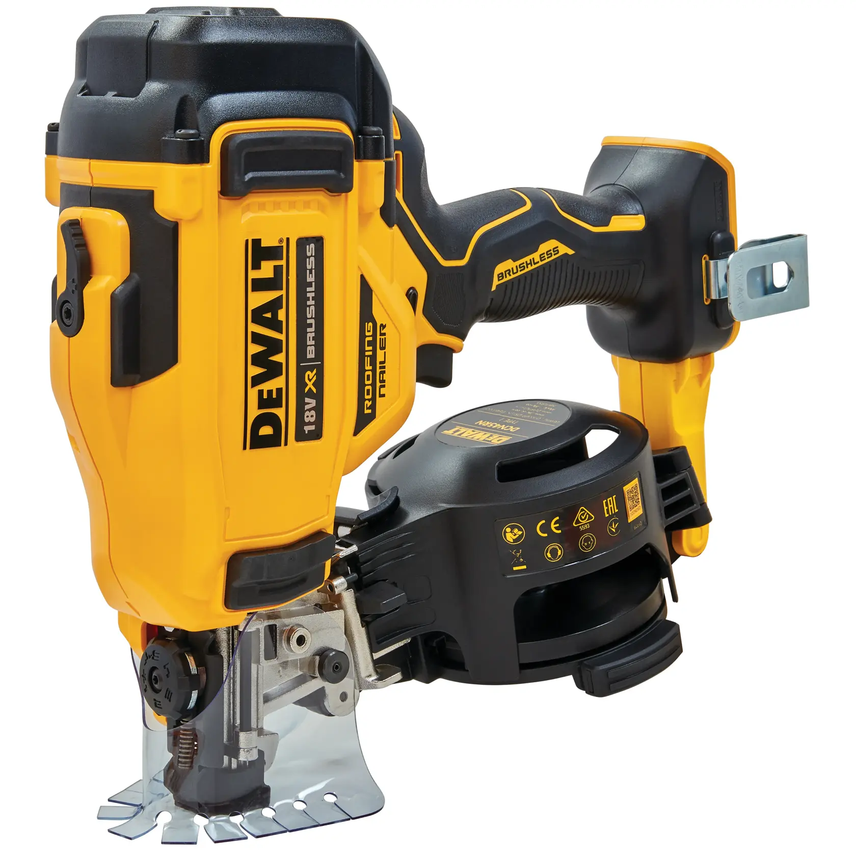 Cloueur de toiture DEWALT 18V XR brushless jaune et noir, affiché de côté avec marquage visible.