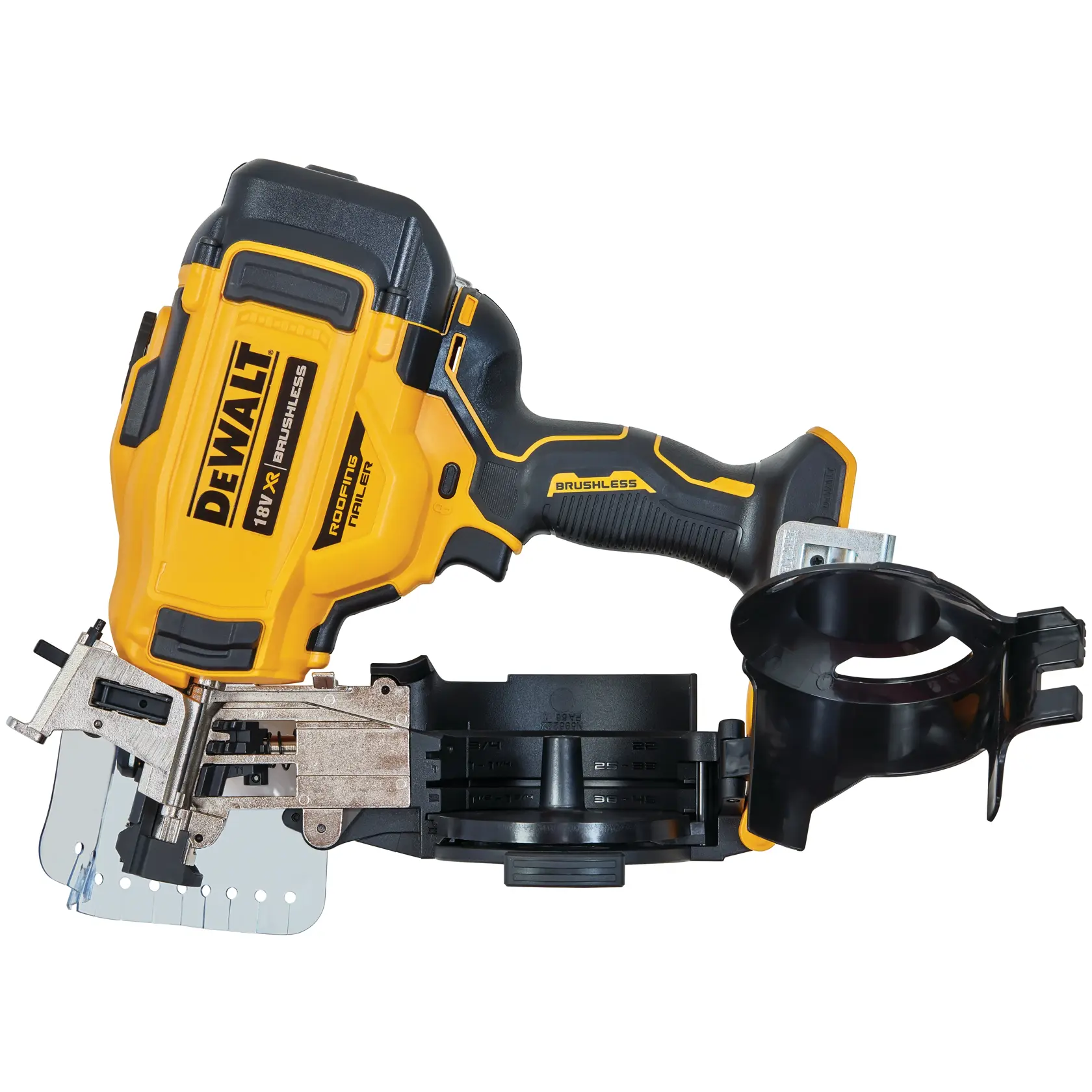 Cloueur de toiture DEWALT 18V XR brushless avec magasin à bobine, présenté sur fond blanc.