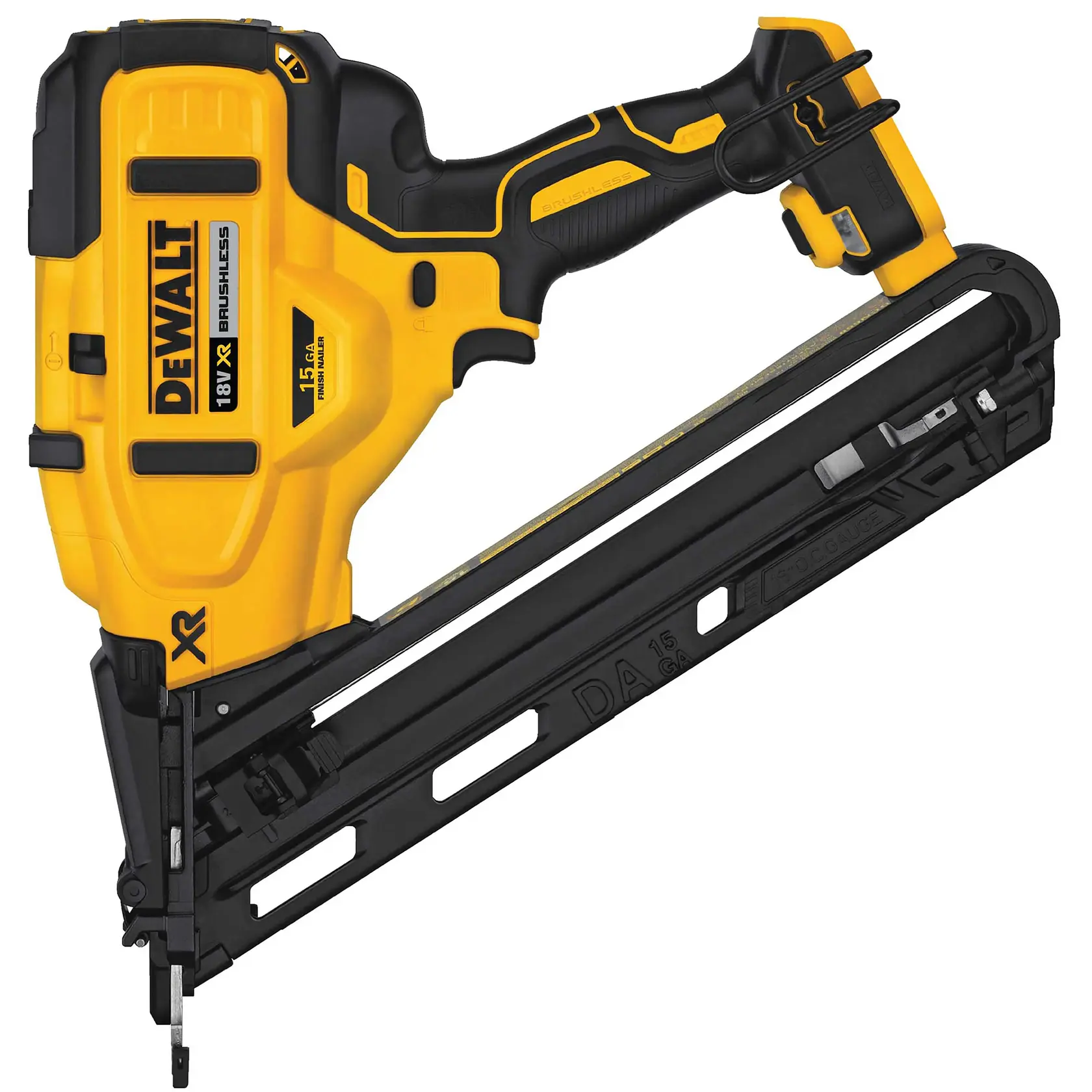 Cloueuse DEWALT 18V XR sans balais jaune et noire avec magasin incliné pour clous.