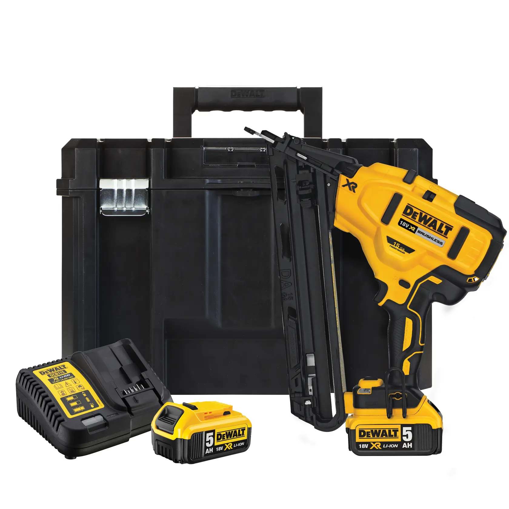 Kit de cloueur sans fil DEWALT avec mallette, batterie et chargeur affichés.