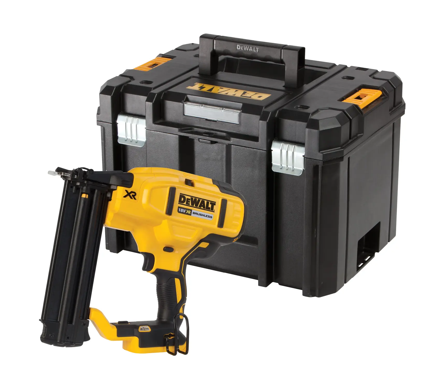 Cloueur sans fil DEWALT avec boîte de transport noire sur fond blanc.