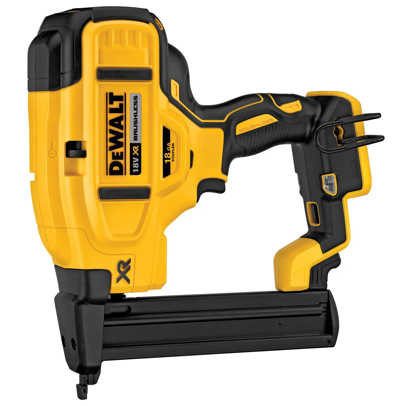 Cloueur sans fil DEWALT 18V jaune noir, conçu pour travail du bois et tâches de construction précises.