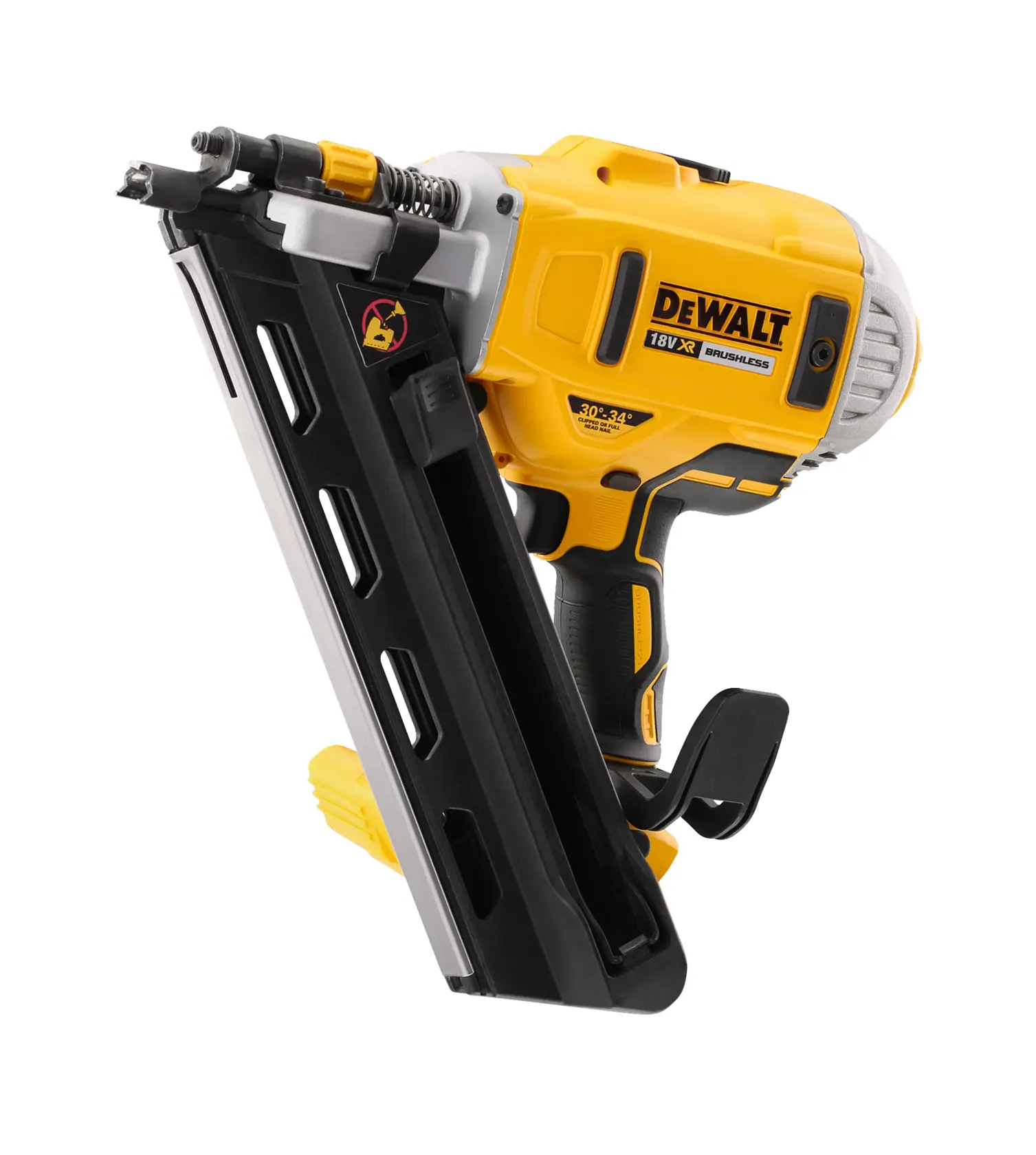 Une cloueuse DEWALT 18V XR brushless, modèle DCN692N, de couleur jaune et noire, utilisée pour des applications de fixation intensives. L’outil est photographié sur fond blanc.