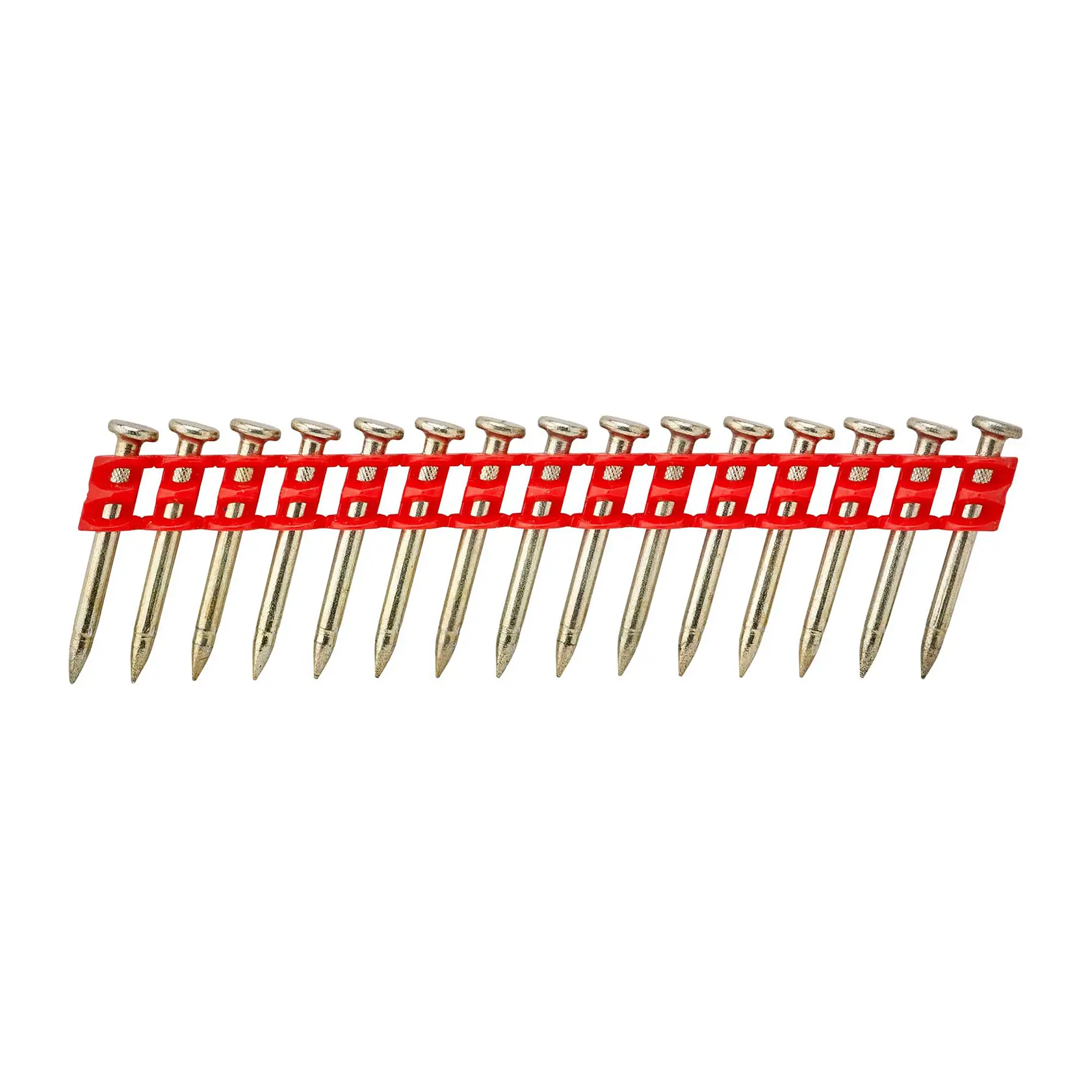 Rangée de clous DEWALT agrafés avec bande rouge pour pistolet à clous, sur fond blanc.