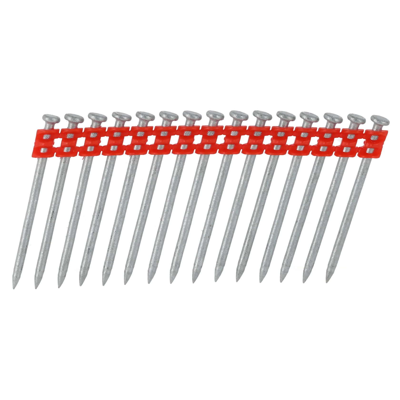 Bande de clous en acier groupés avec support plastique rouge pour pistolet à clous.