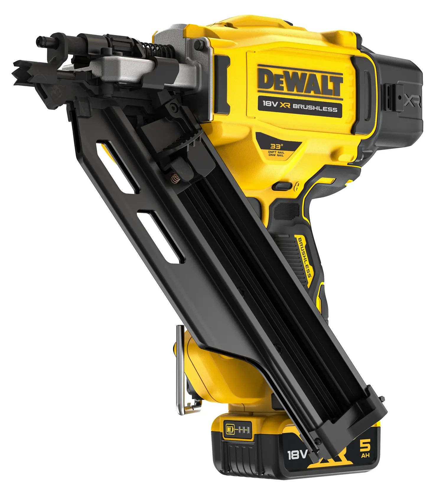Cloueuse DEWALT 18V XR sans balais jaune avec batterie et magasin visibles, vue en angle.