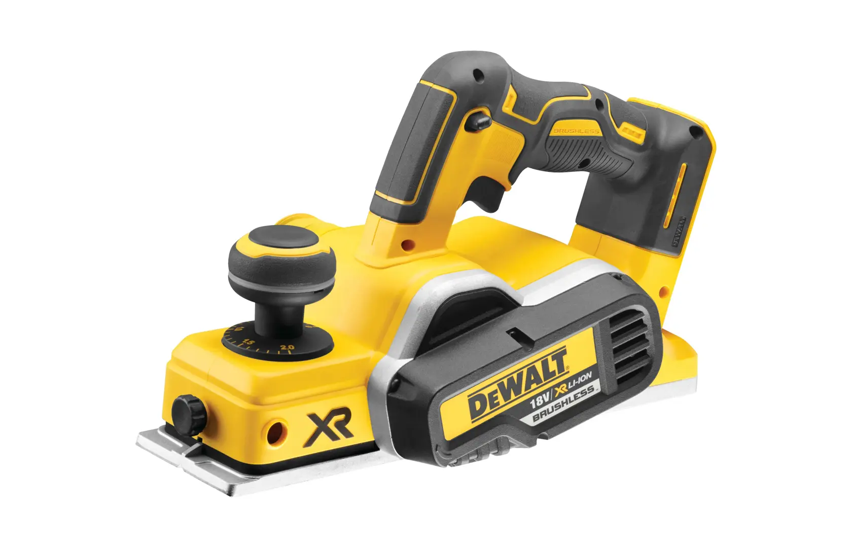 Un rabot sans fil DEWALT jaune et noir, modèle DCP580N-XE, avec une poignée ergonomique et un bouton de réglage, conçu pour lisser les surfaces en bois.