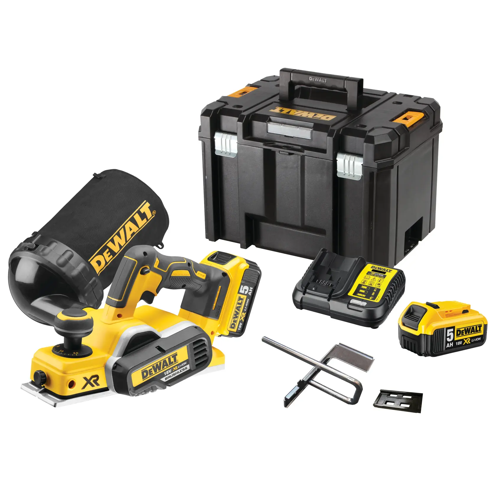 Kit raboteuse DEWALT DCP580P2 sans fil avec batteries, chargeur, accessoires et boîte de rangement.
