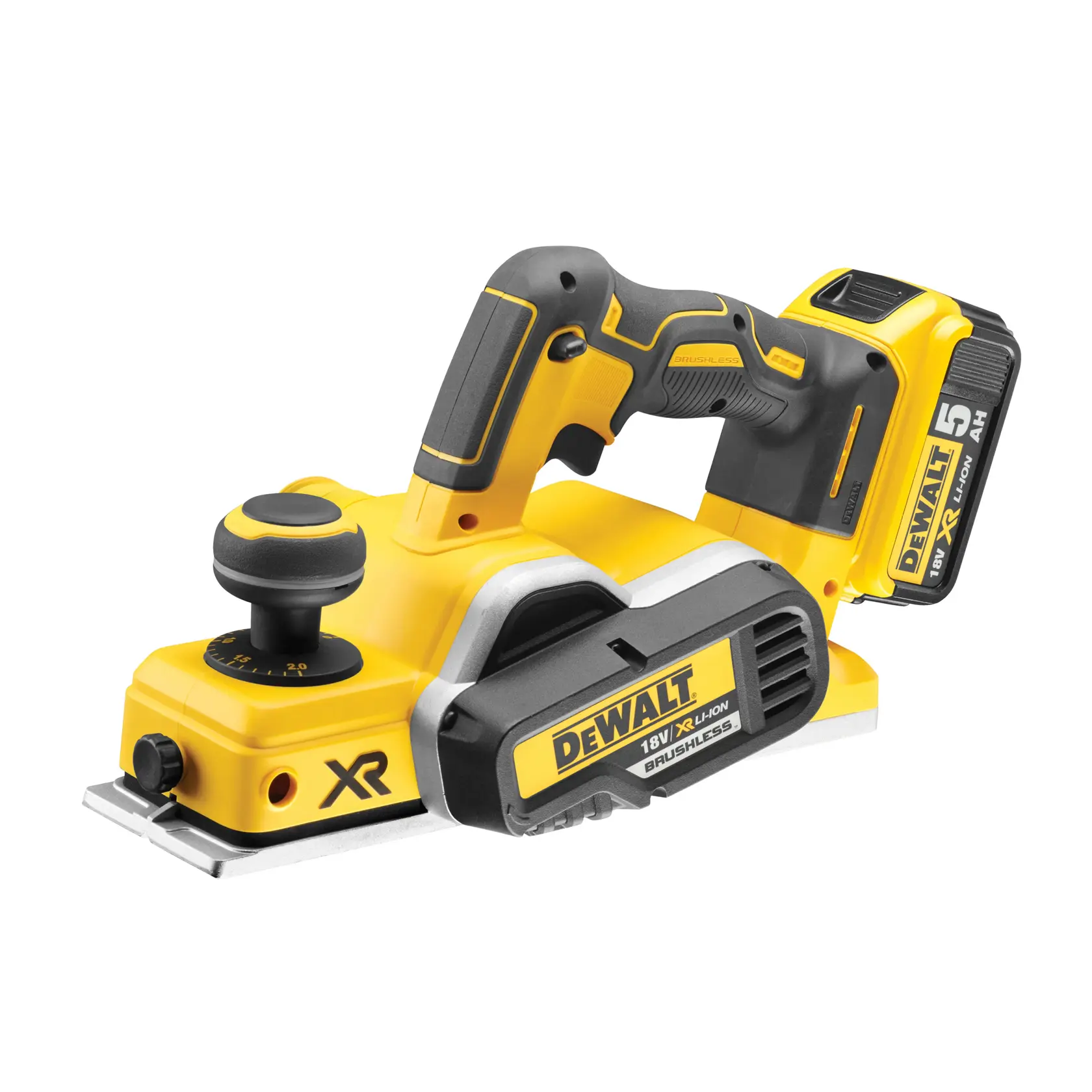 Rabot sans fil DEWALT avec poignée ergonomique et batterie XR 18V 5Ah.