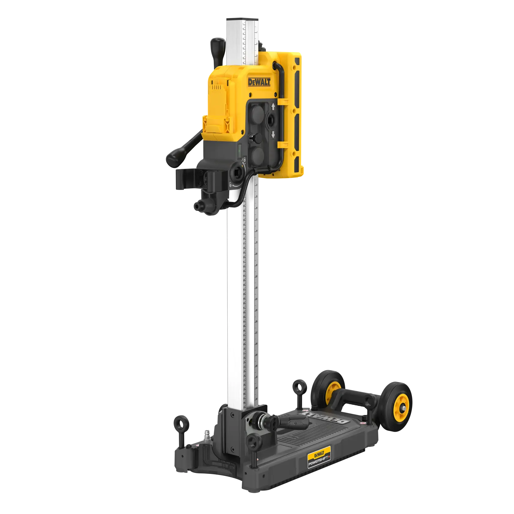 DEWALT DCPS151, outil électrique jaune et noir avec rail vertical, idéal pour perceuse ou perçage précis.