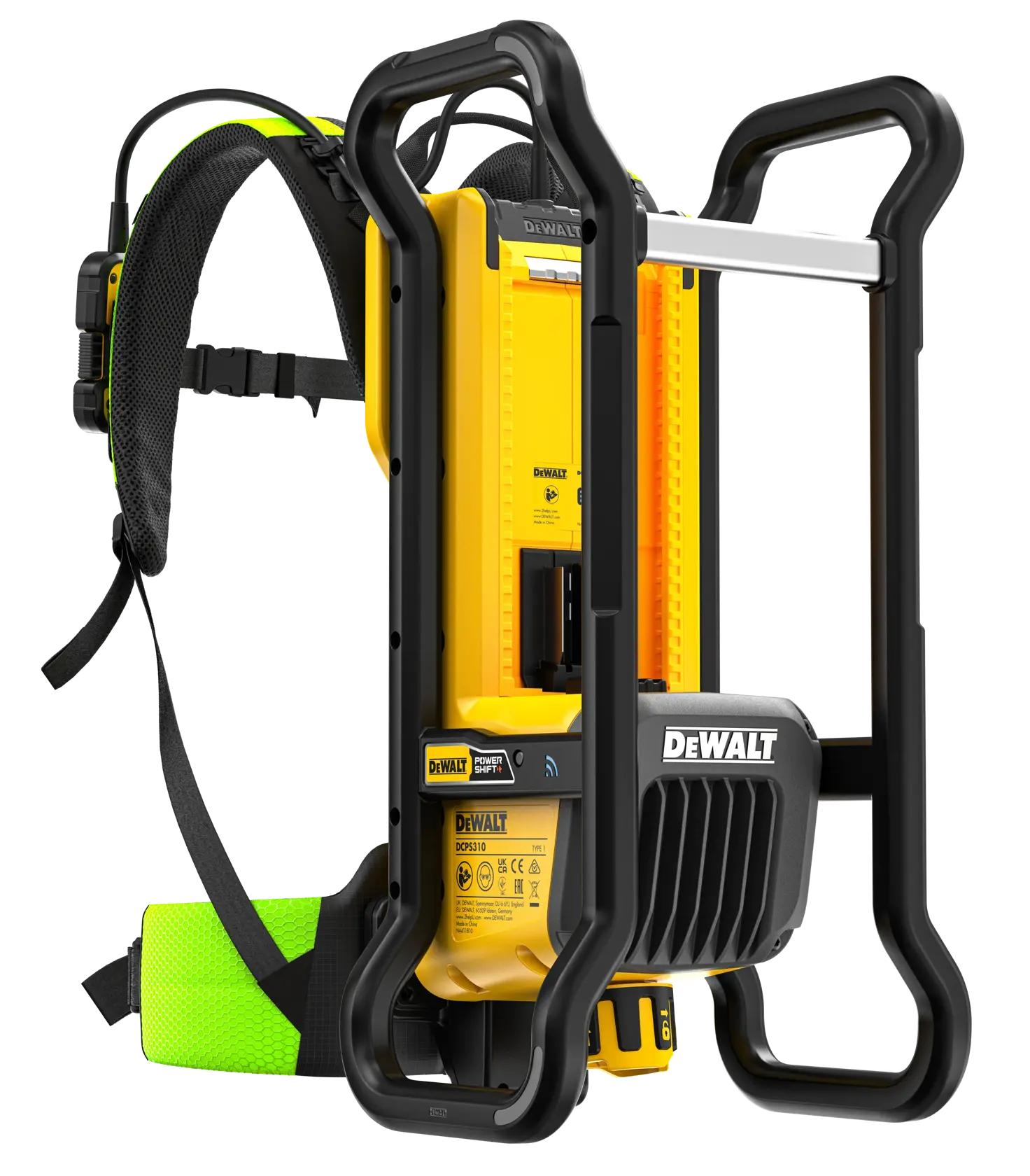 Outil électrique DEWALT DCPS310N jaune et noir avec harnais de type sac à dos, équipé de poignées robustes et d'un boîtier de protection, conçu pour un usage professionnel intensif.