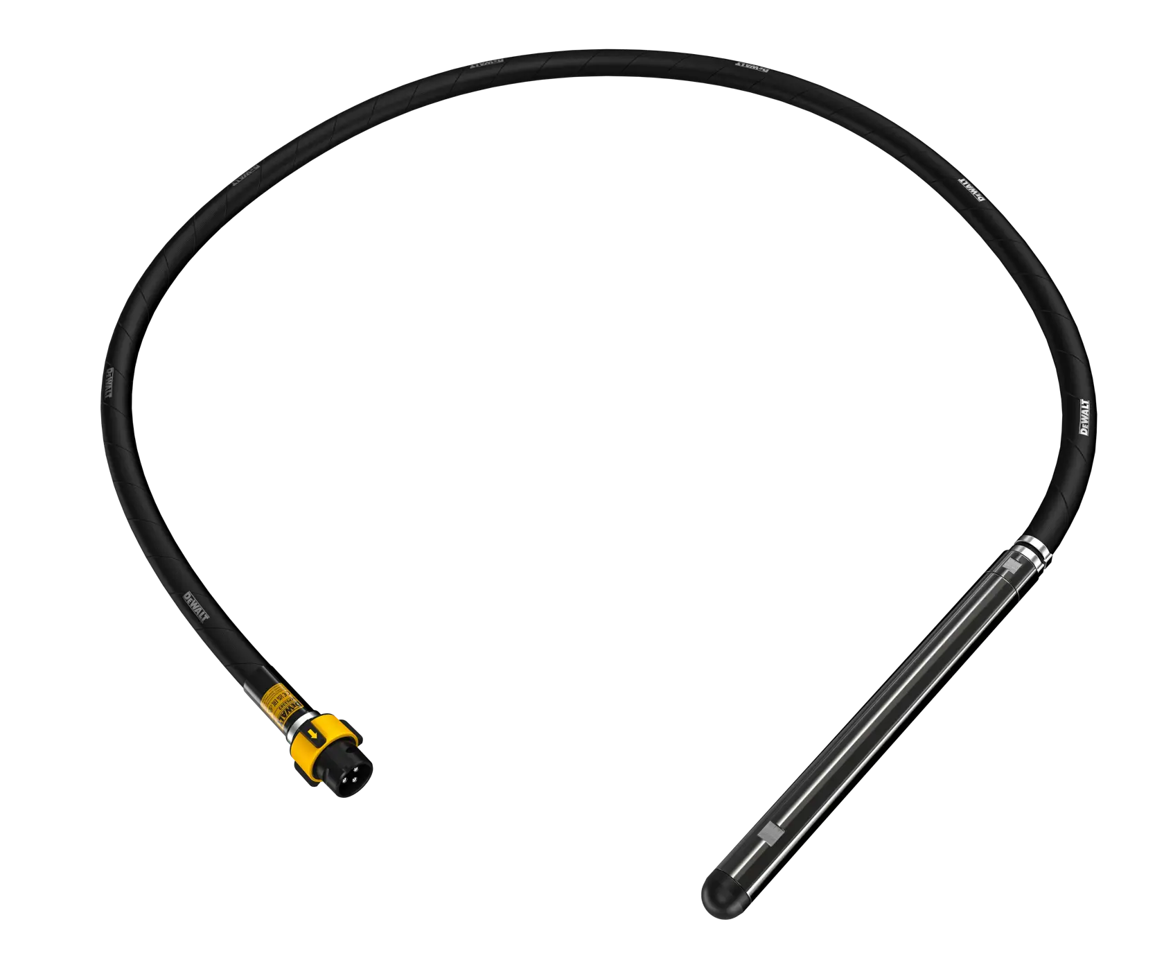 Un vibrateur à béton DEWALT DCPS3382 avec un long arbre flexible noir et une tête de vibration cylindrique, photographié sur fond blanc.