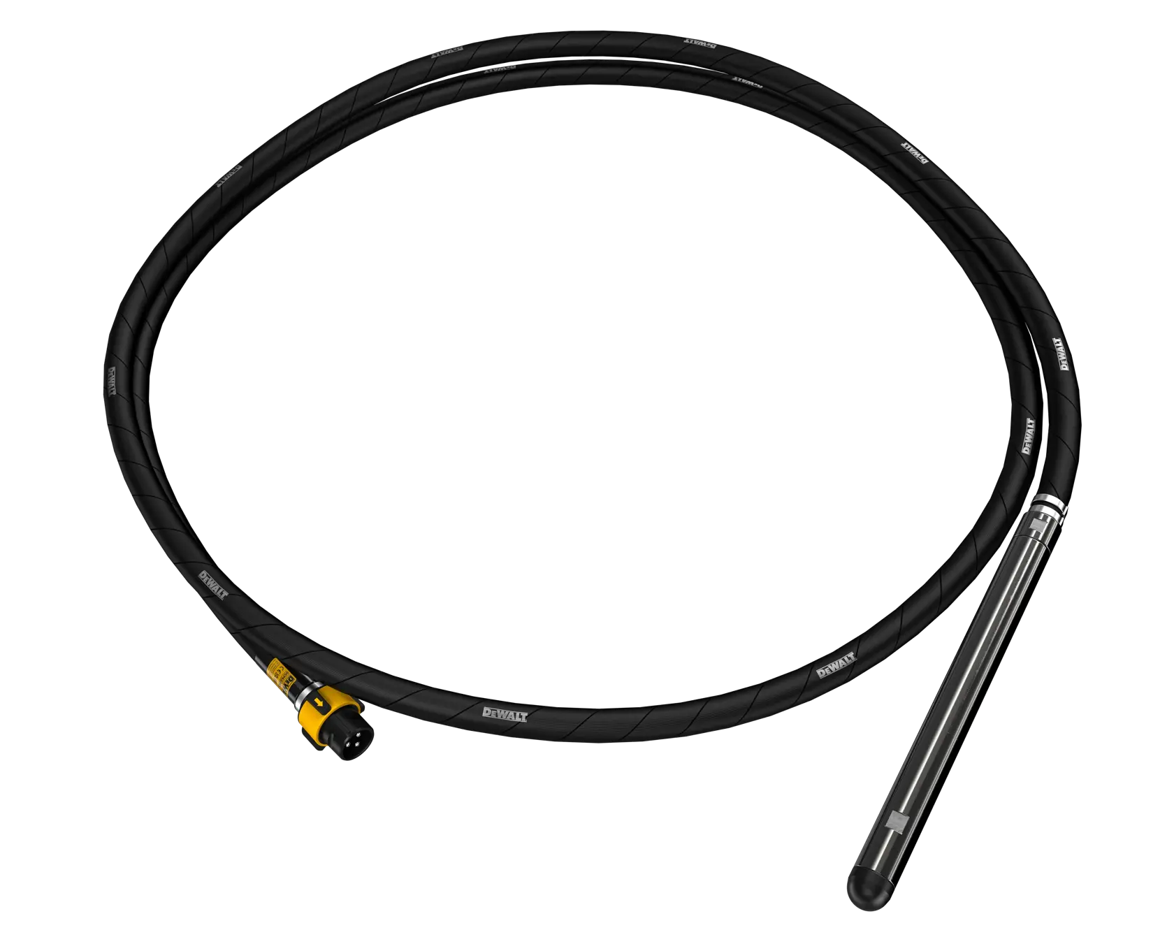 Arbre flexible DEWALT DCPS3385 noir avec connecteur jaune et sonde métallique, enroulé en cercle.