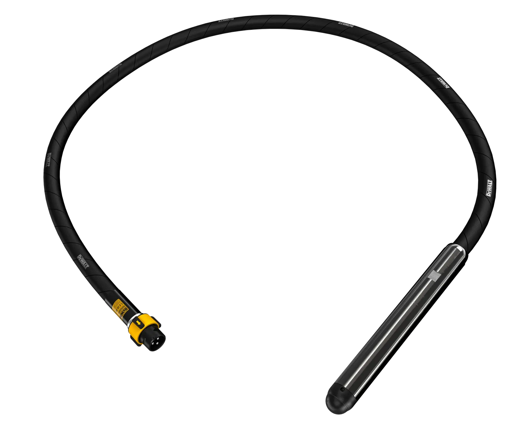 Outil DEWALT arbre flexible avec pointe métallique pour vibration du béton, présenté sur fond blanc.