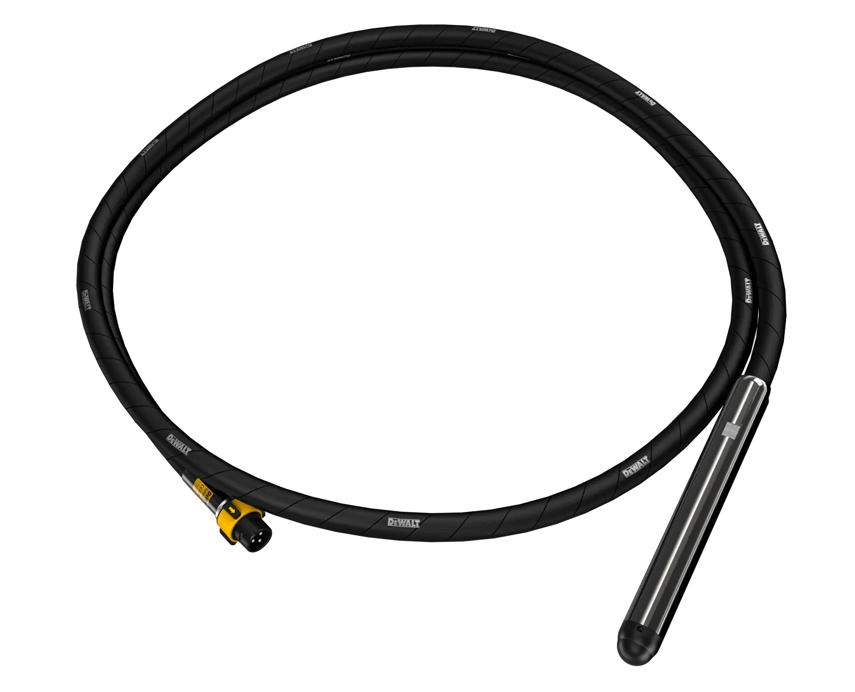 Vibreur à béton DEWALT DCPS3505 noir avec tête cylindrique et câble, sur fond blanc.
