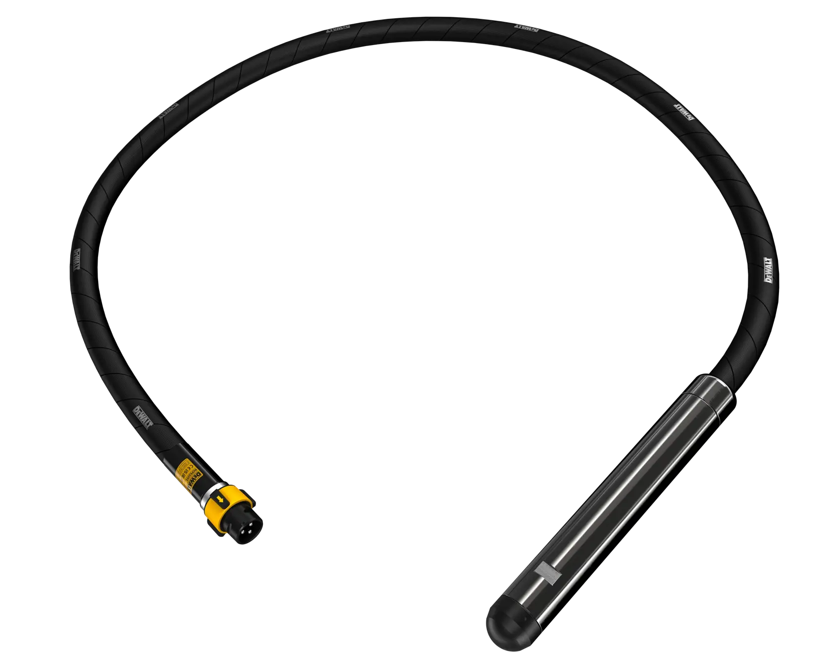 Un vibrateur pour béton DEWALT avec un long arbre flexible noir et une tête vibrante métallique cylindrique, présenté sur fond blanc.