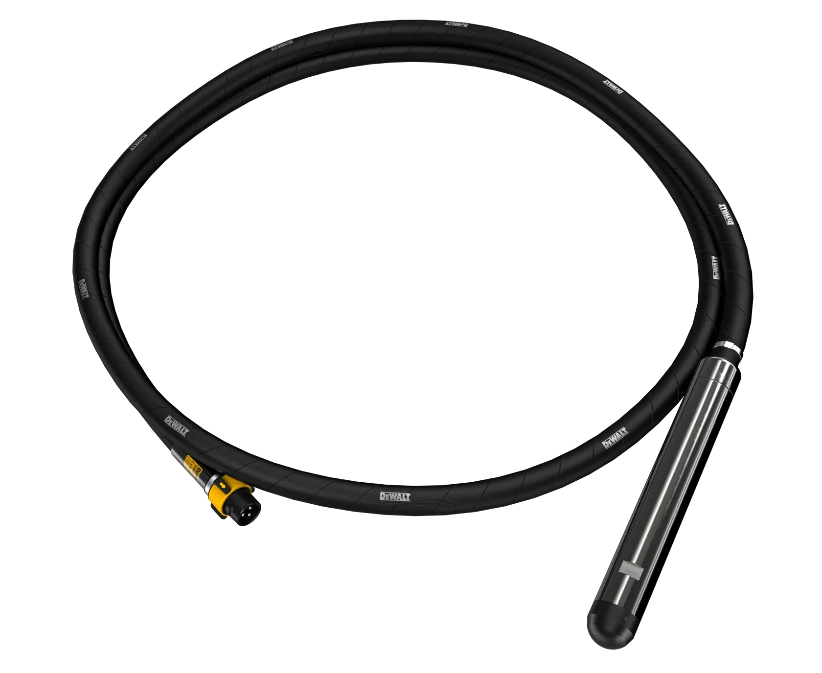 Un accessoire de vibrateur à béton DEWALT avec un long tuyau flexible noir et une tête cylindrique métallique, présenté enroulé sur un fond blanc.