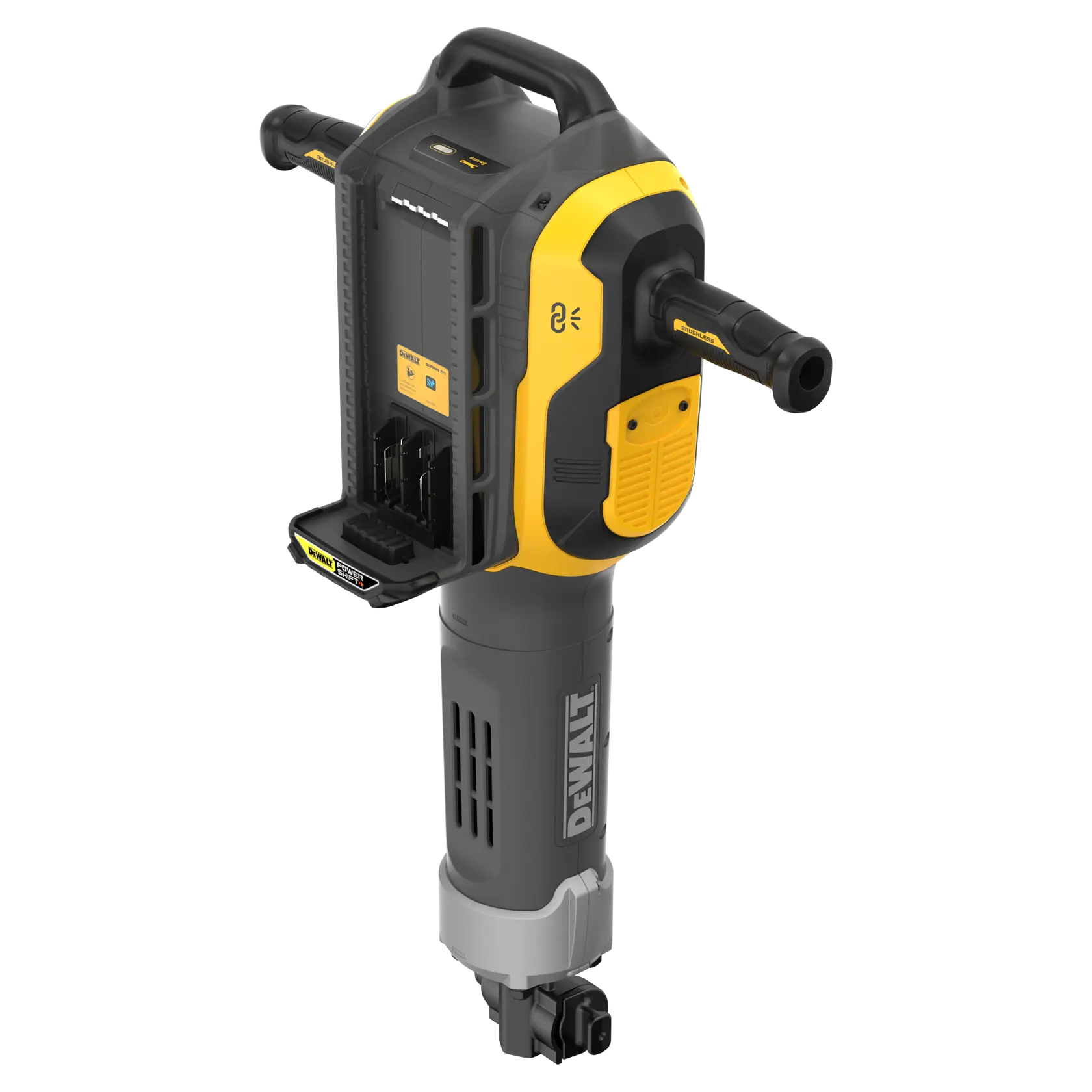 Ein DEWALT DCPS966N Elektrowerkzeug mit einem schwarz-gelben Gehäuse, einem Griff oben und zwei seitlichen Griffen. Die Vorderseite zeigt ein geöffnetes Batteriefach und Markendetails.